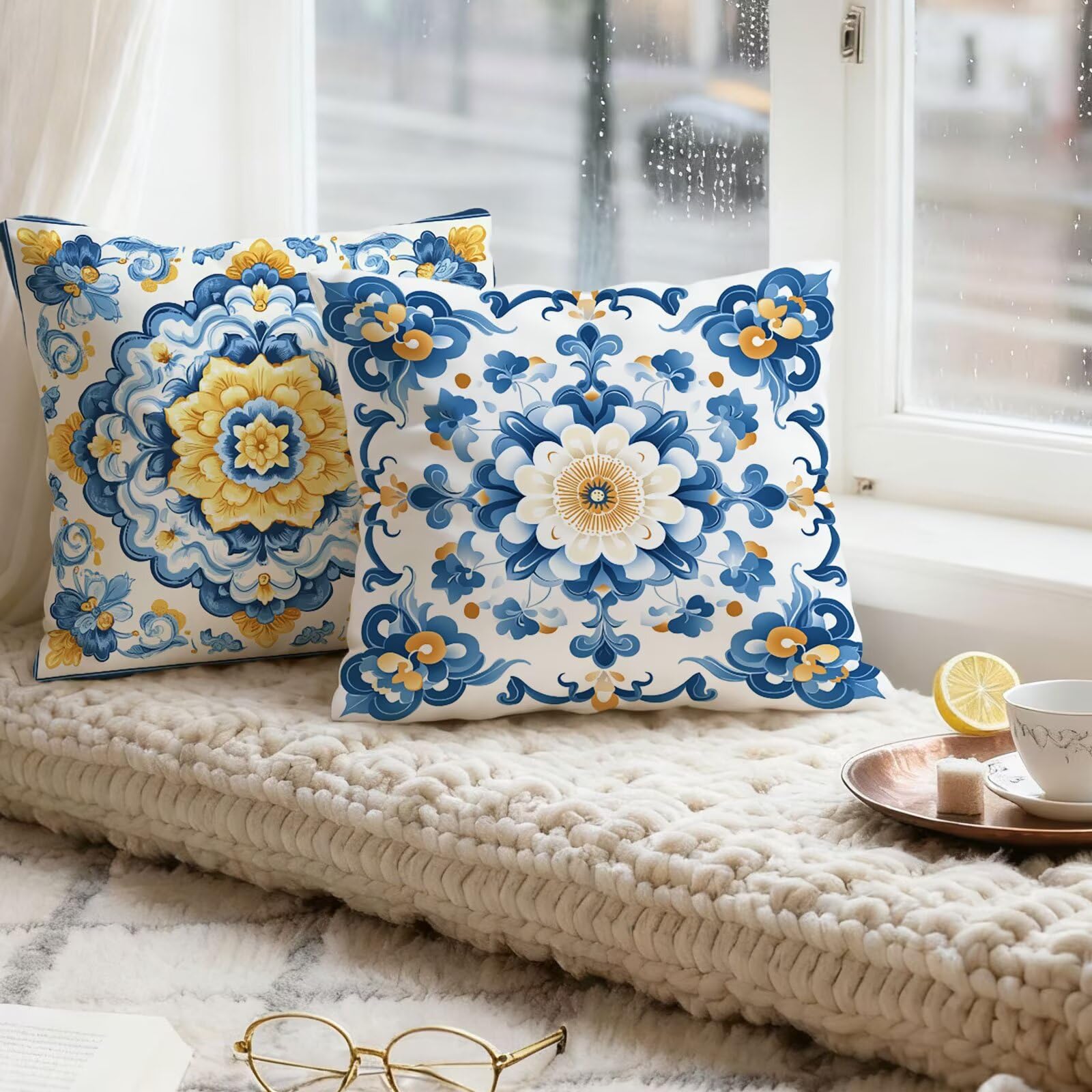 Azul Funda Cojin 60x60 Bohemia Funda Almohada 60x60 Cojines Sofa Súper Suave Fundas Cojines Decorativos Fundas Almohadas 4 Piezas Almohada Cervicales y Cuello, para Hogar Cama Salon Decoracion E - 741