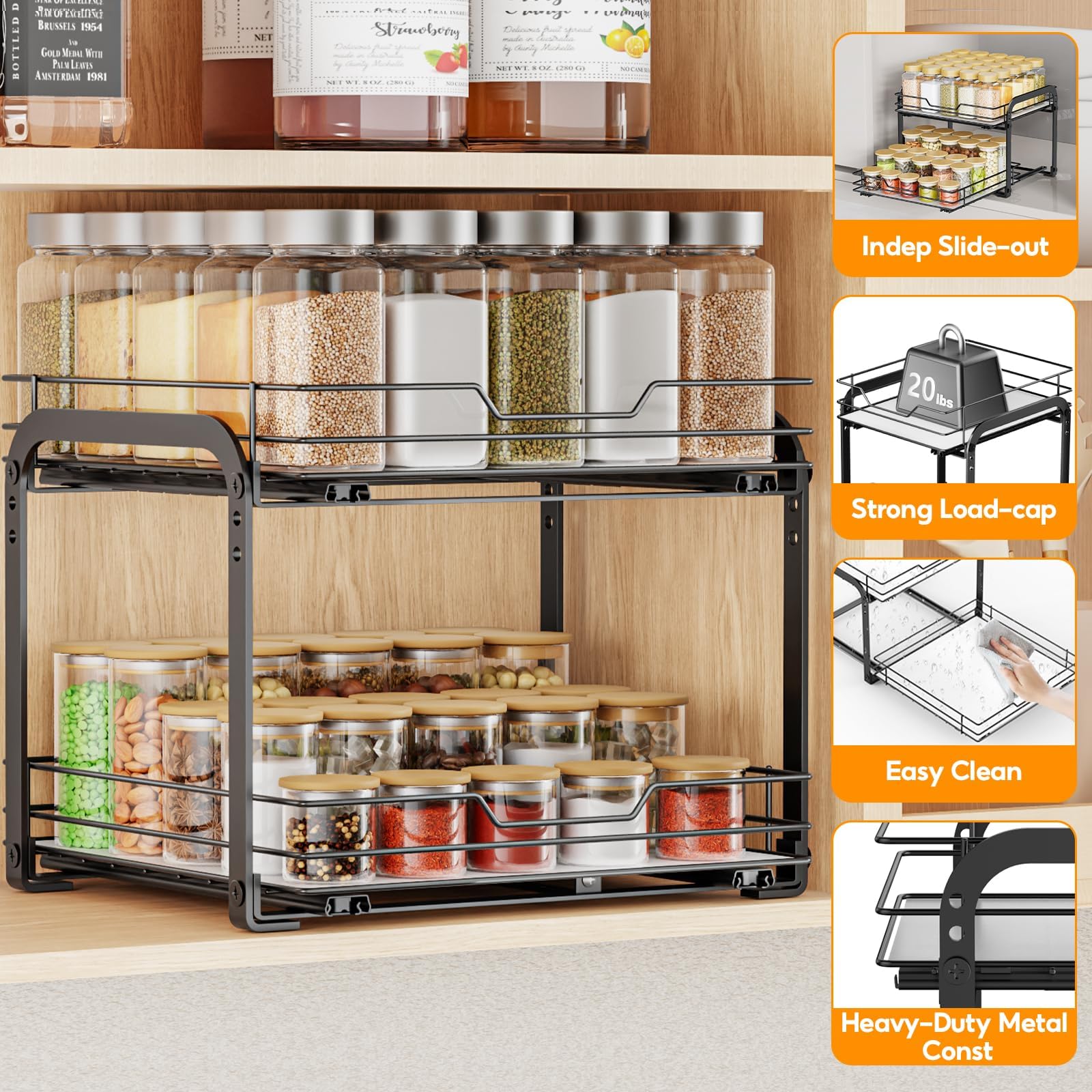 Étagère à épices extensible à 2 étages - Hauteur réglable - Étagère à épices debout - Extensible - Avec autocollant - Pour armoire, cuisine, plan de travail - L 26 x l 34,5 x H 23 cm