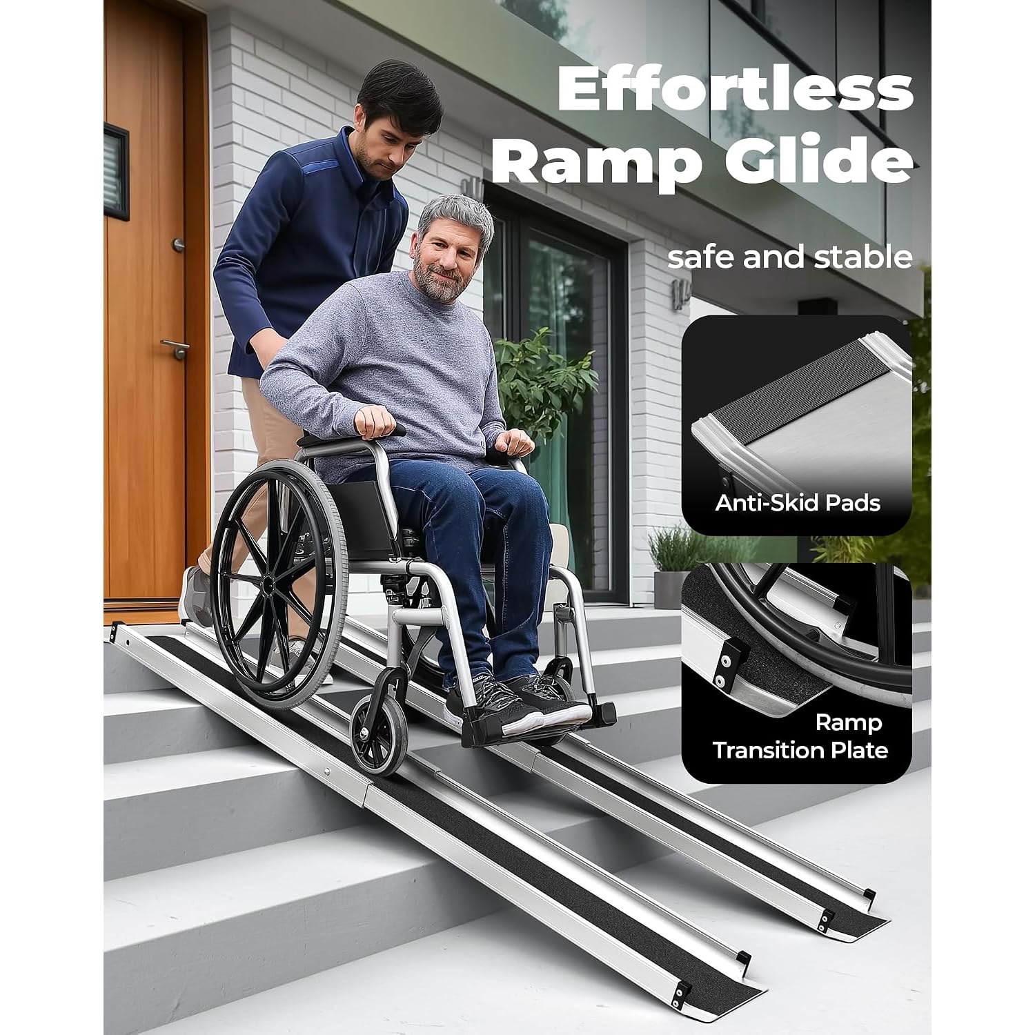 2X Rampas para Silla de Ruedas 90-150cm, Carga máx. 272 kg, Regulable, de Aluminio, Antideslizante, Portátil, Ligero, para Escalones,rampa portátil con Bolsillos de Tela
