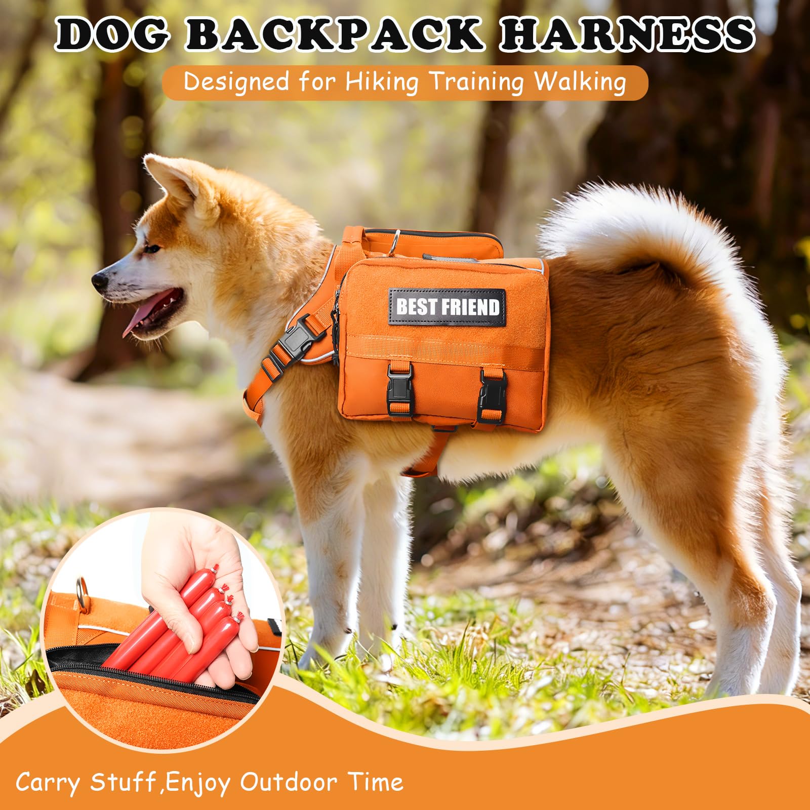 Set di imbracatura e guinzaglio per cani di taglia media, tasche laterali rimovibili, gilet per cani con manico e clip in metallo senza tirare, per escursionismo, allenamento, passeggiate e