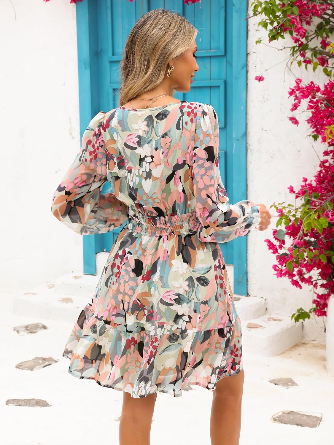 Simplee Womens Spring Floral Mini Dress Long Sleeve Boho Chiffon Short Dress Casual Flowy Fall Wedding Guest Dresses - Image 5