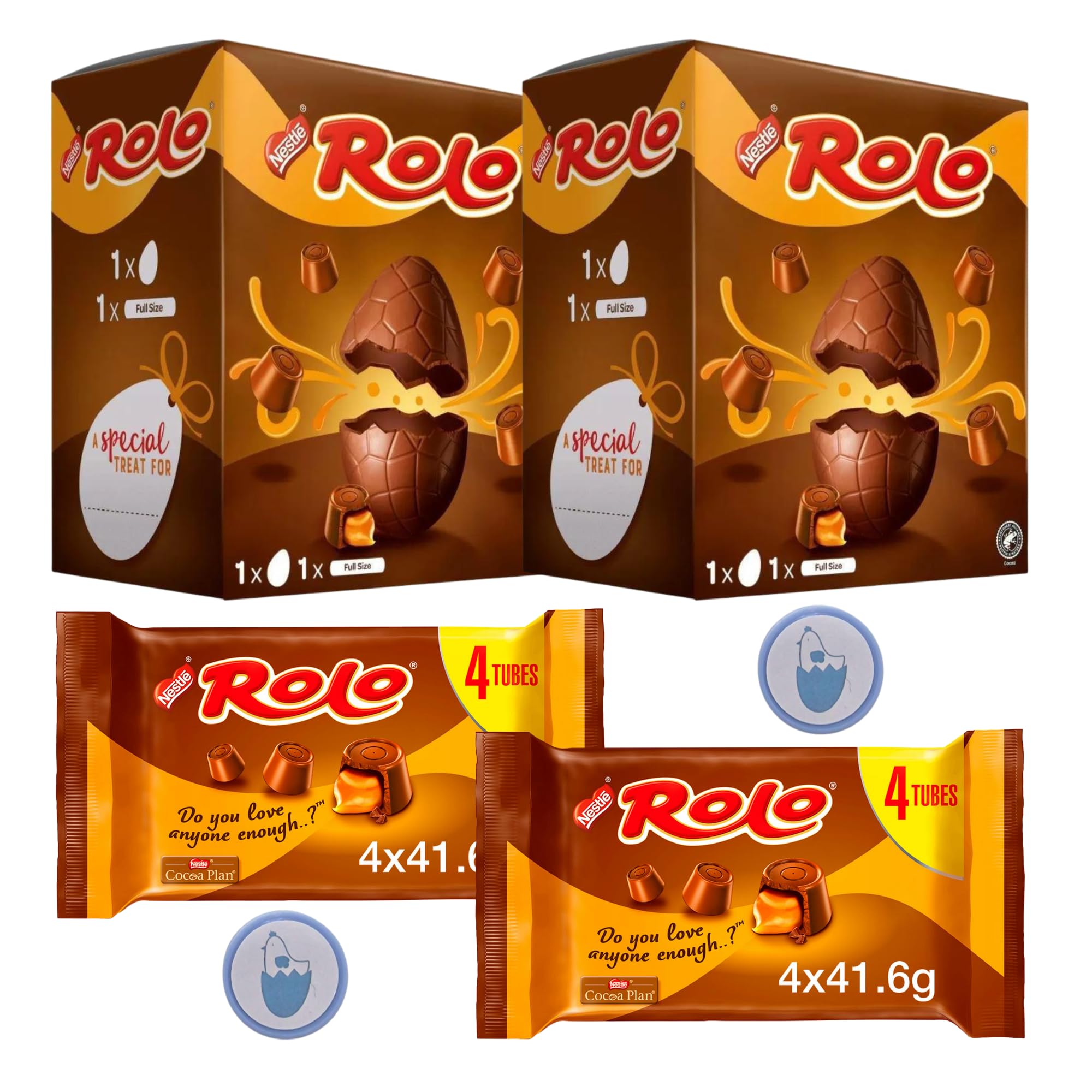 Easter Eggs Chocolate Bundle with 2x Rolo Easter Eggs Milk Chocolate Large 202g, 2x Rolo Tube 4 Pack 166g and 2x Korpas Gifts Easter Stamps