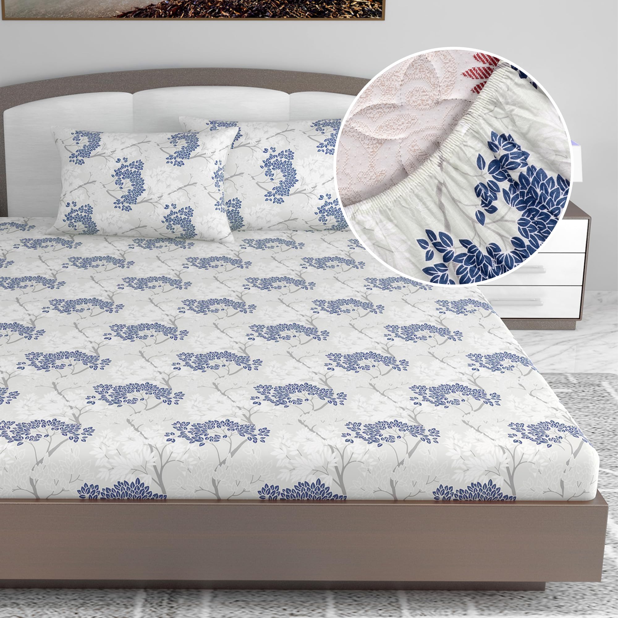 Divine Casa 144 TC Floral Print King Size Fitted Bedsheet | 100% Cotton, Skin-Friendly & Soft | 78 x 72 Inches, Blue-picture-11