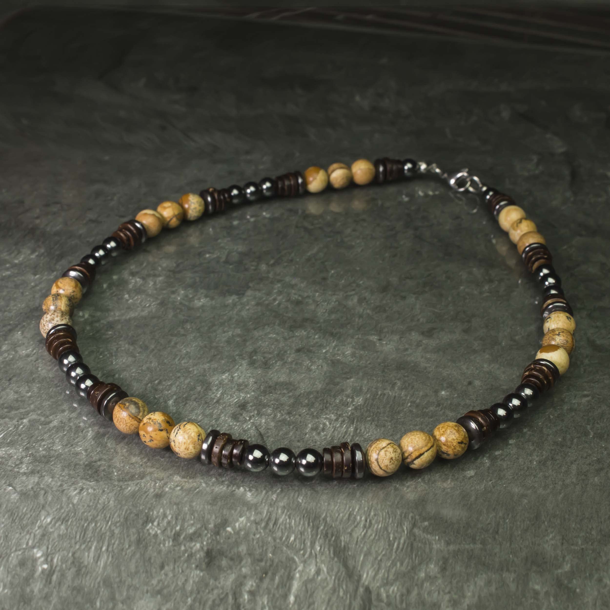 Collier Homme perles Ø6-8mm pierres naturelles Jaspe Picasso Bois Cocotier/Coco Hématite Acier inoxydable/inox couleur argent fait main en France CJBH52