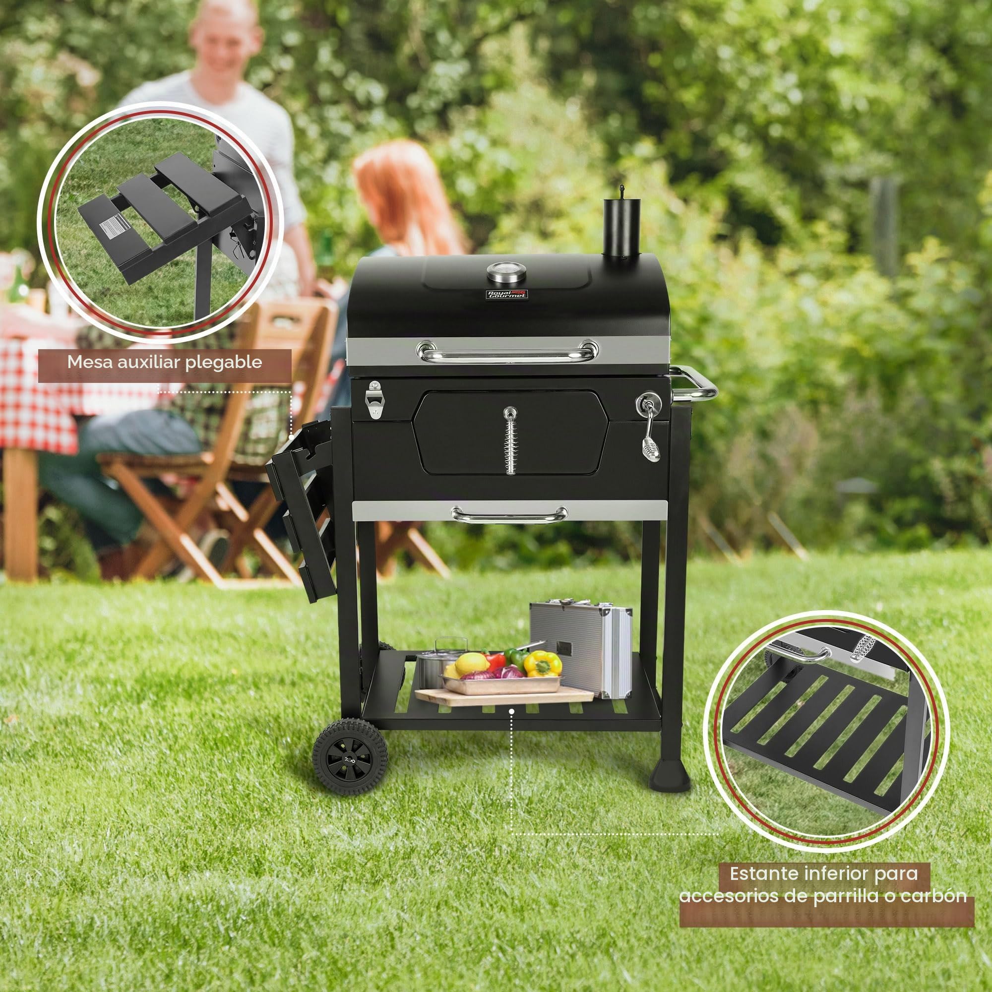 Royal Gourmet Barbacoa de carbón vegetal, barbacoa ahumadora, barbacoa de camping, carbón vegetal, exterior, parrilla de jardín, superficie de la parrilla, 59 x 42 cm, color negro