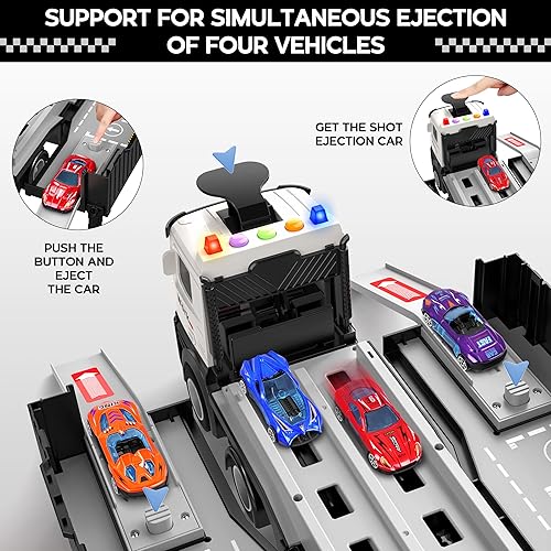Miniatura 3 de Camión transportador de carreras de juguetes para niños, juego plegable de 3 capas de pista de carreras, camión de juguete y 8 autos de carreras,