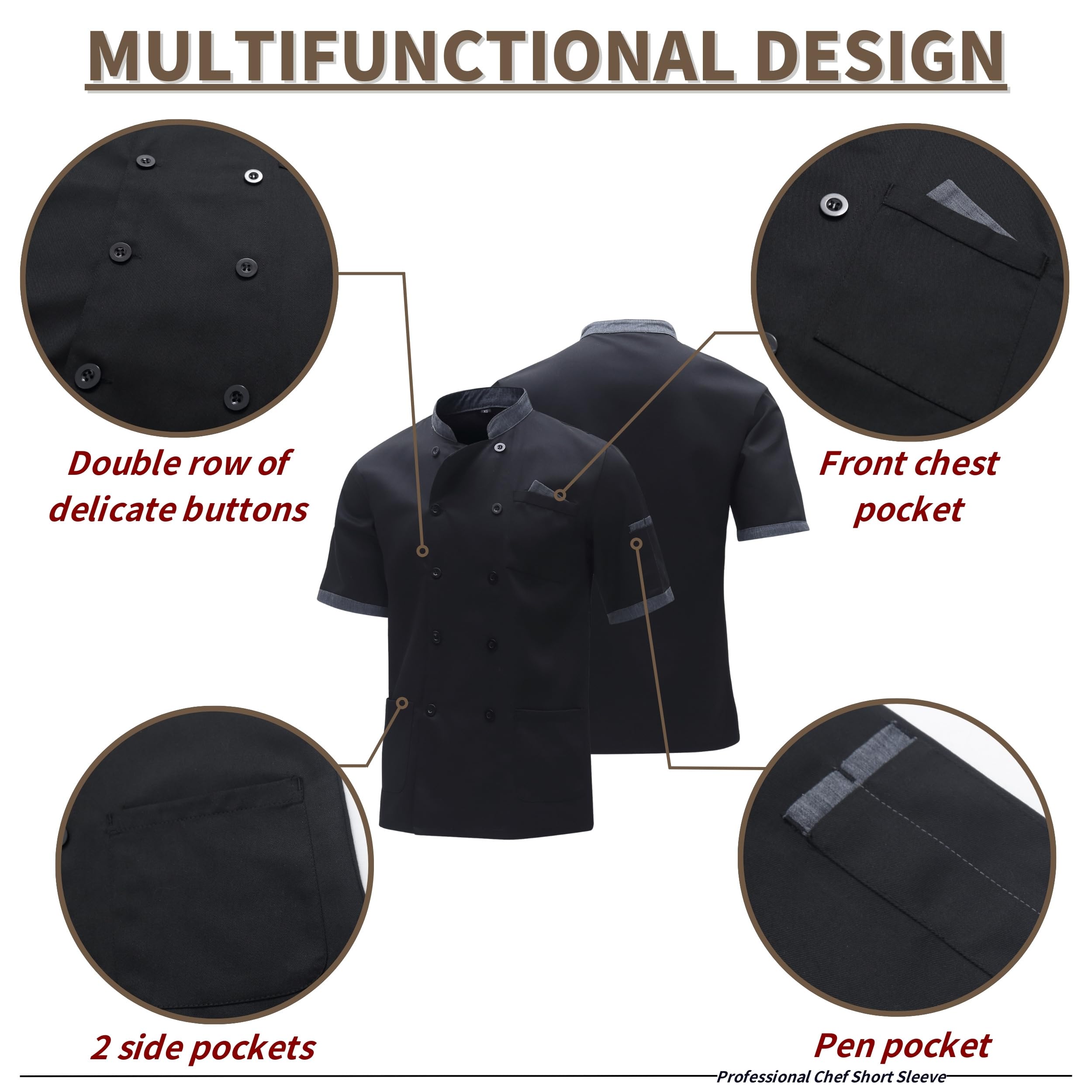 Veste de Cuisine Homme Vêtement de Chef Professionnel Veste avec Poche Cuisine Homme de Chef Cuisine à Manches Courtes Hôtel Restaurant Manteau Uniforme