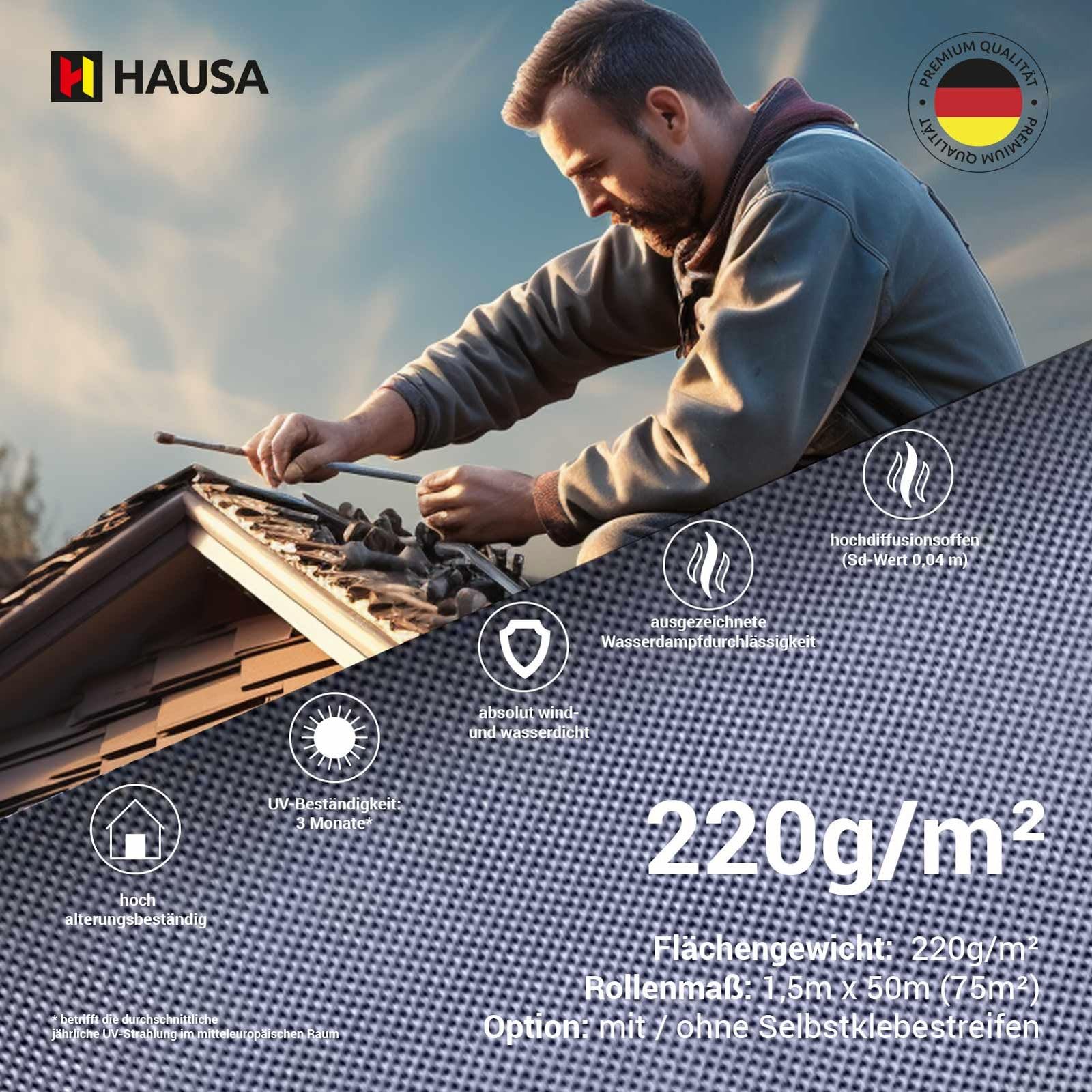 HAUSA Pannello sottostruttura Platinum HU220SK, 220 g/m², 75 m² (1,5 mx50 m), pellicola per tetti Platinum HU220SK, con 2 strisce adesive ad alta diffusione, impermeabile, resistente agli urti
