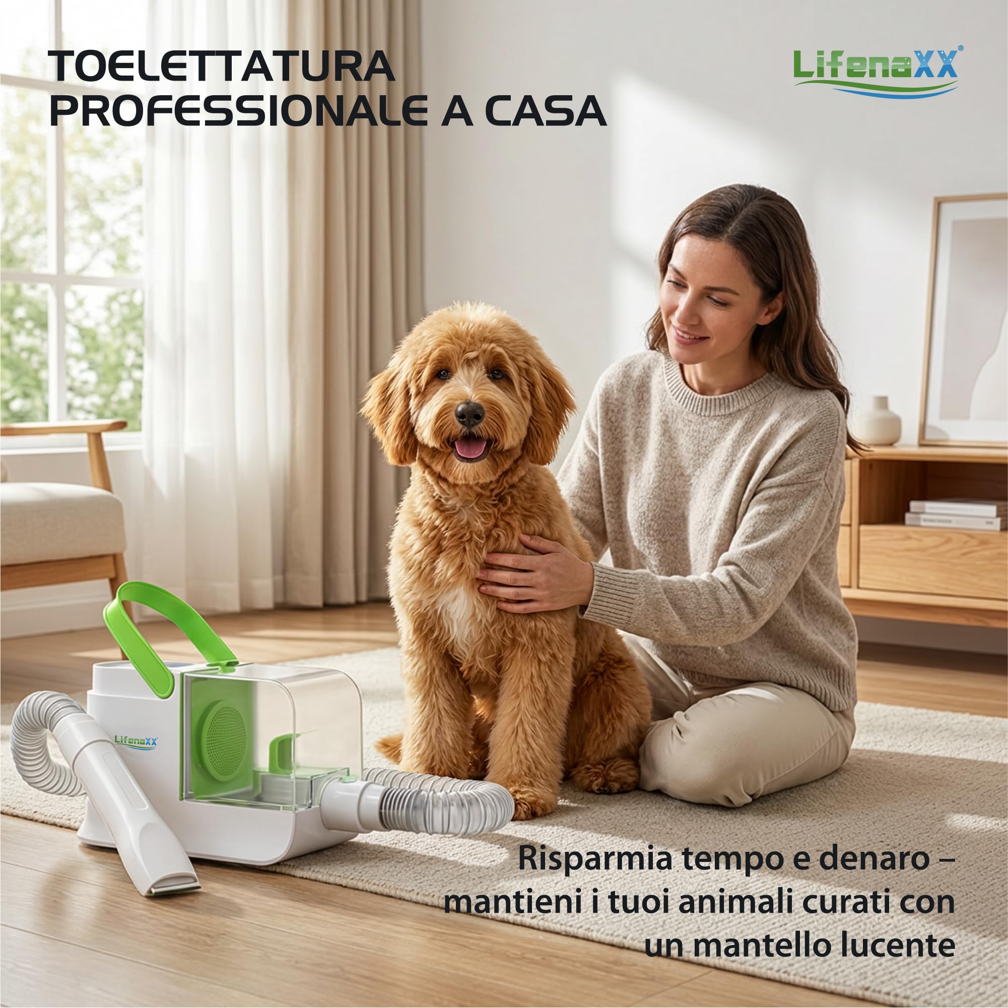 Lifenaxx Tosa Animali 6 in 1 con Aspirazione – Kit Tosatura per Cani e Gatti, Silenziosa, Tosa Elettrica con 6 Pettini, Spazzola Districante, Testina Massaggiante, Contenitore 1,5L - LX-052