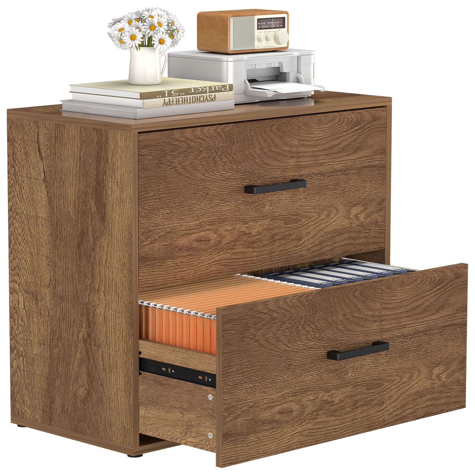 2 Drawer Filing Cabinets, Wood Lateral File Cabinet for Home Office, Modern Farmhouse File Cabinets with Hanging Rail for Letter Size, Large Wooden Storage Cabinets, Brown