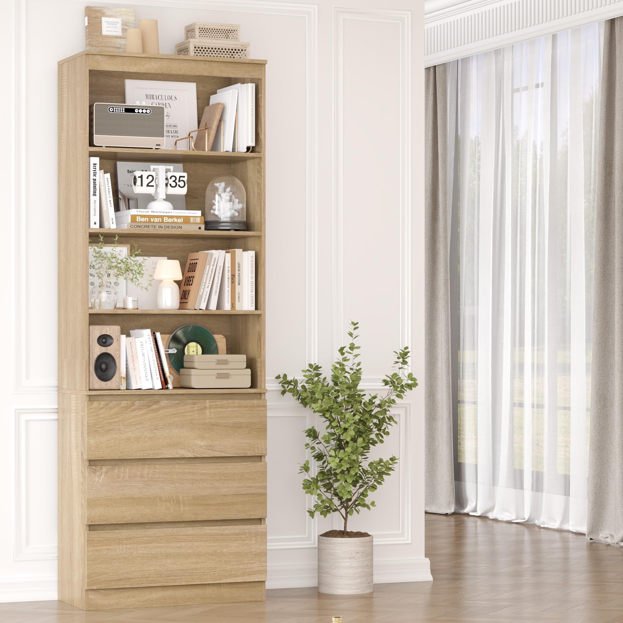 FirFurd Bibliothèque Meuble de Rangement 202cm avec Tiroirs Étagères Chêne | 202x60x35cm, 3 tiroirs fermé, Étagères réglables, Bibliotheques étagere rangement pour salon bureau, Gain de place, Moderne
