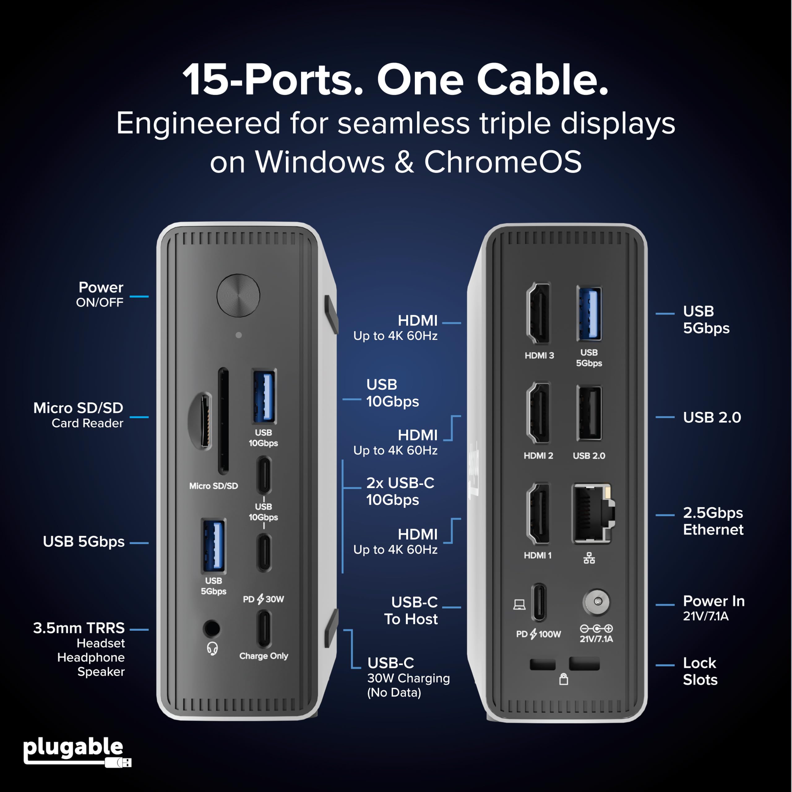 Plugable USB-C Triple Display Laptop Docking Station 3 Monitor, 15-in-1: 3X HDMI, Dual 4K o Triple (1x 4K60 + 2X 1080p) 2.5GbE, 100W PD, 30W USB-C Charge Port, Driverless per Windows, UD-MSTH3