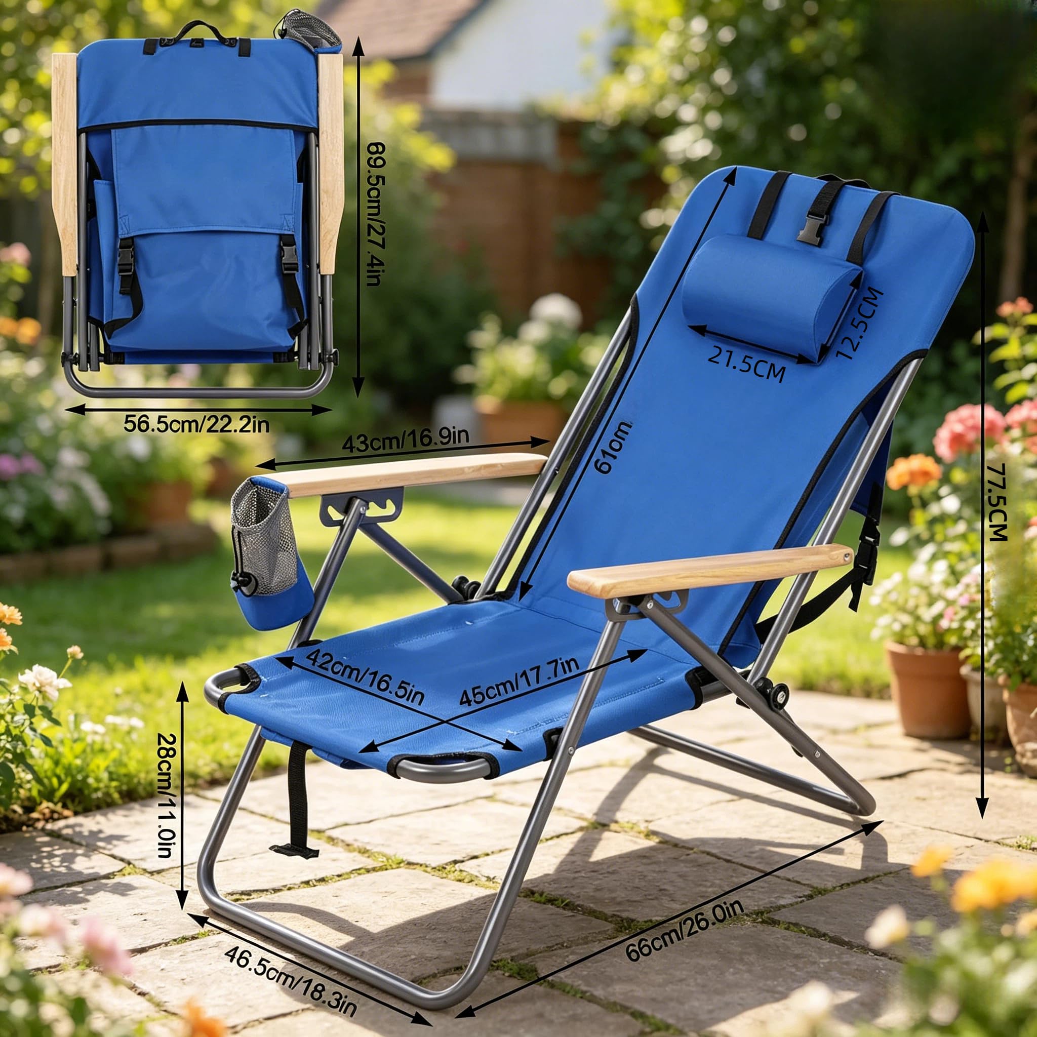 vutizal Klappbarer Campingstuhl mit 4-Fach Verstellbarer Rückenlehne, Leichter Liegestuhl für Strand & Garten, Picknickstuhl als Rucksack faltbar, bis 150 kg, blau