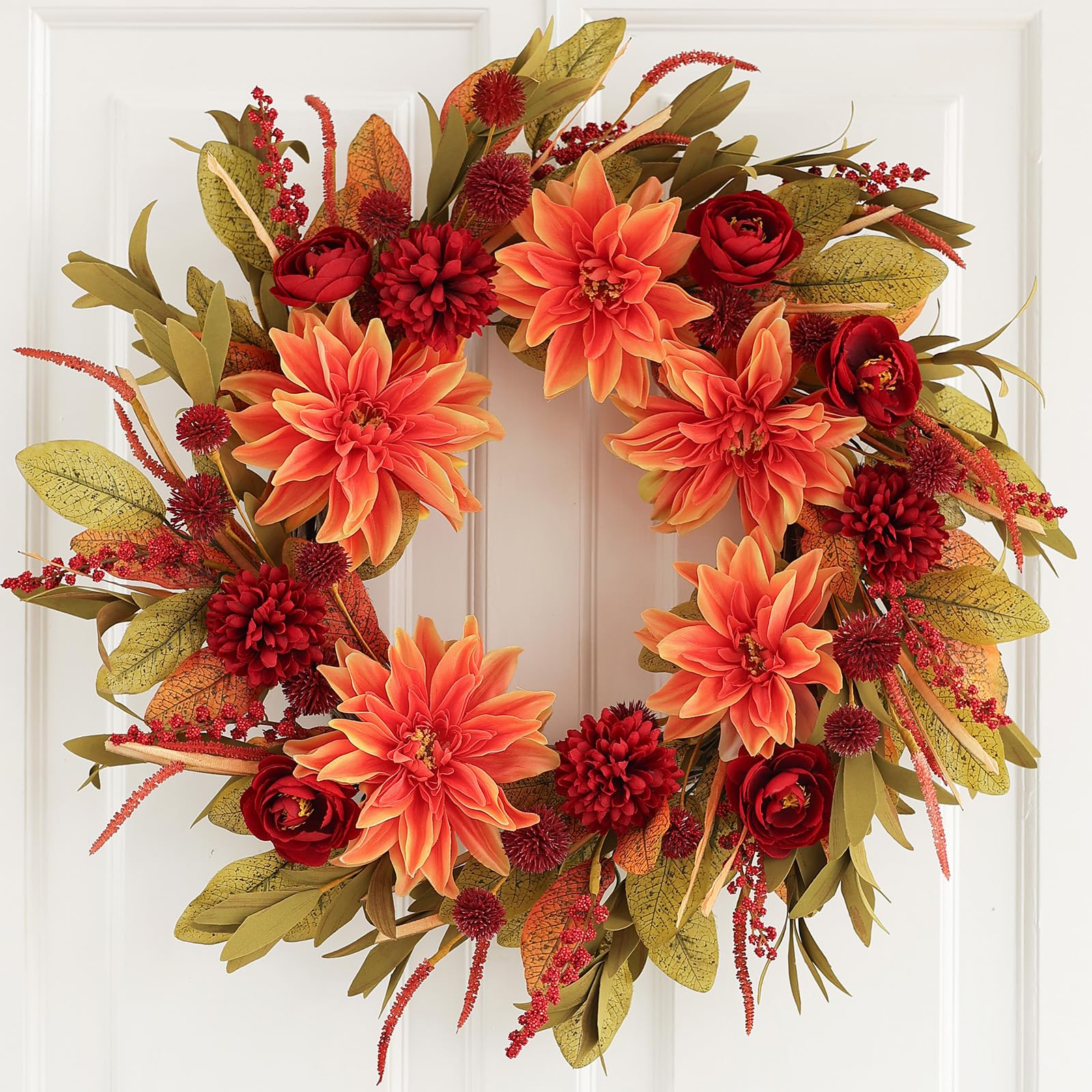Fall Front Door Wreath with Dahlia, Rose, and Ball Chrysanthemum Flowers, 20 Inch Outdoor Autumn Decor, Farmhouse Indoor Floral Wreath for Harvest Thanksgiving Wedding