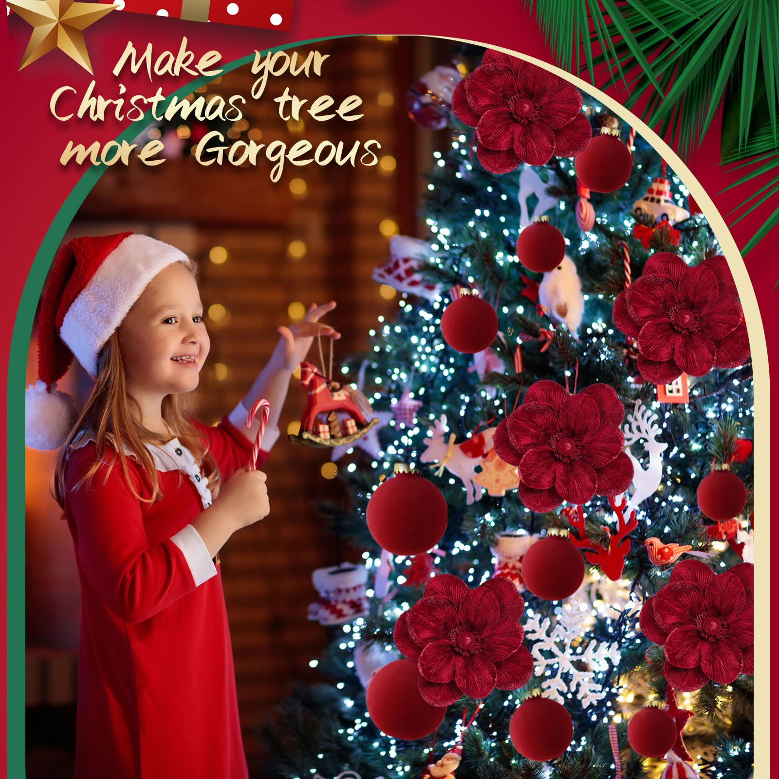 Outus Lot de 24 décorations de sapin de Noël en velours avec 8 poinsettias – fleurs de magnolia artificielles à paillettes avec tige – Décorations de Noël pour Noël, fête, mariage (bordeaux)