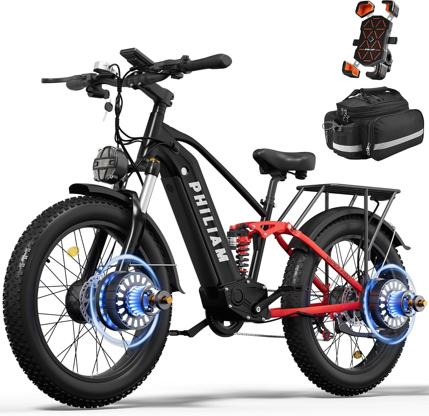 Dual Motor Ebike for Adults, 4000W Peak Electric Dirt Bike, 37MPH Fat Tire All-Terrain Off-Road eBike with 52V 23Ah UL2849 Removable Battery, Full Suspension, Hydraulic Brakes & Rear Rack