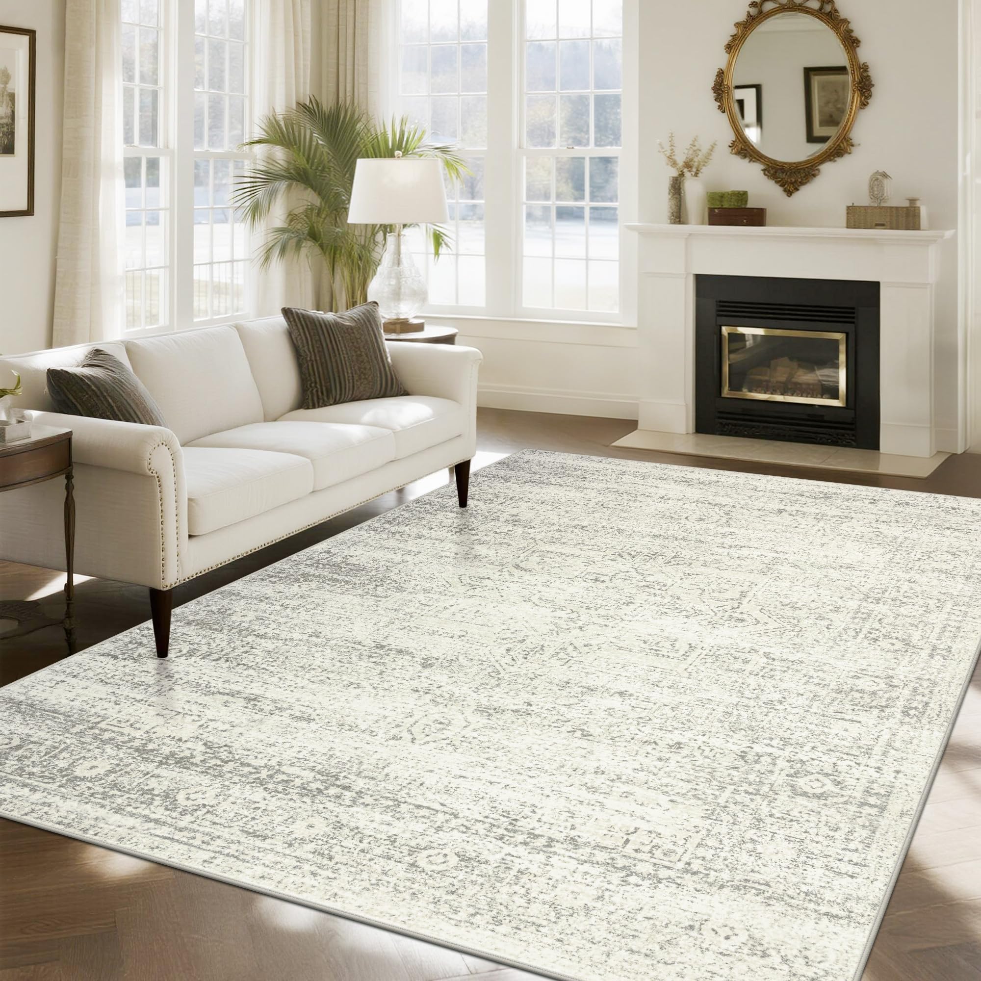 Washable Rugs 8x10 Area Rugs for Living Room,Bedroom,Dining Room- Large Ultra Soft Faux Wool Retro Carpets,Non Slip&Non-Shedding Low Pile Vintage Print Rug for Home Office Decor-Beige