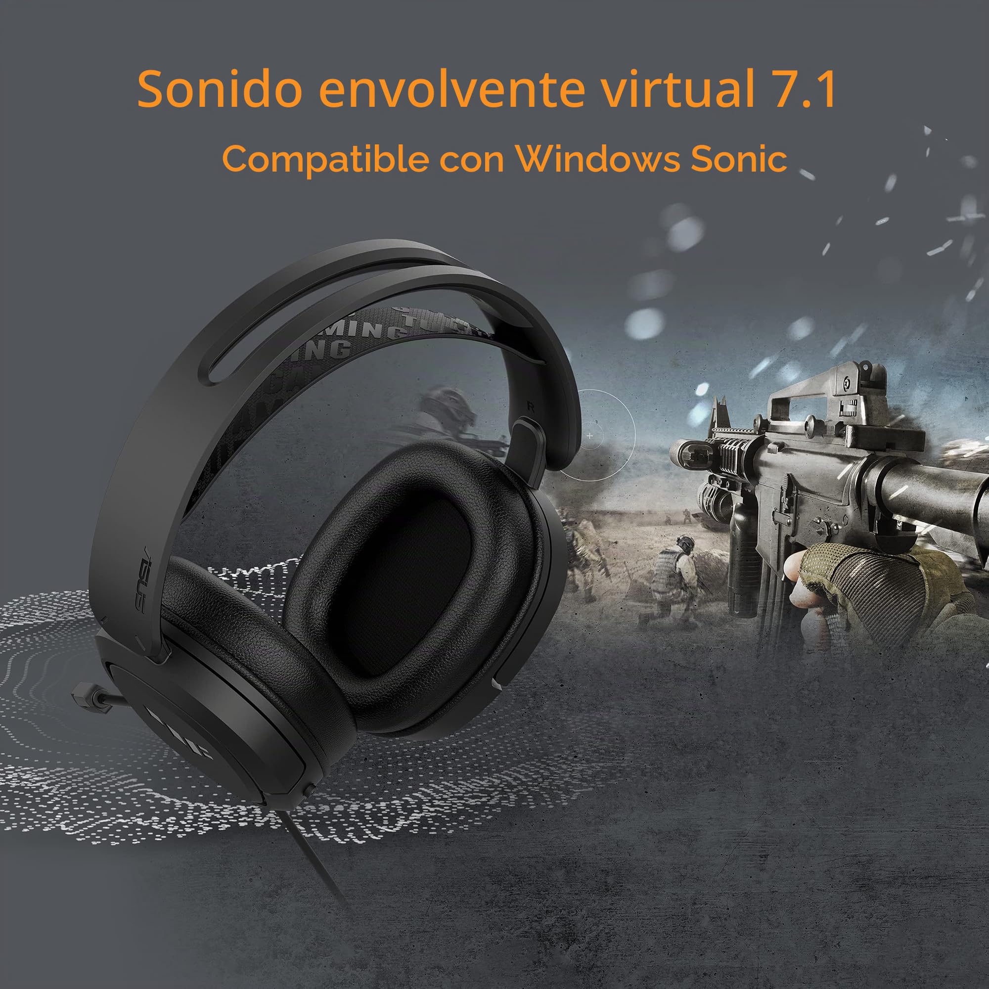 ASUS TUF Gaming H1 - Auriculares Gaming (Sonido envolvente 7.1, graves potentes, micrófono compatible con Discord y TeamSpeak, diseño cómodo y ligero y compatibilidad con PC, PS5, Switch y XBOX) Negro