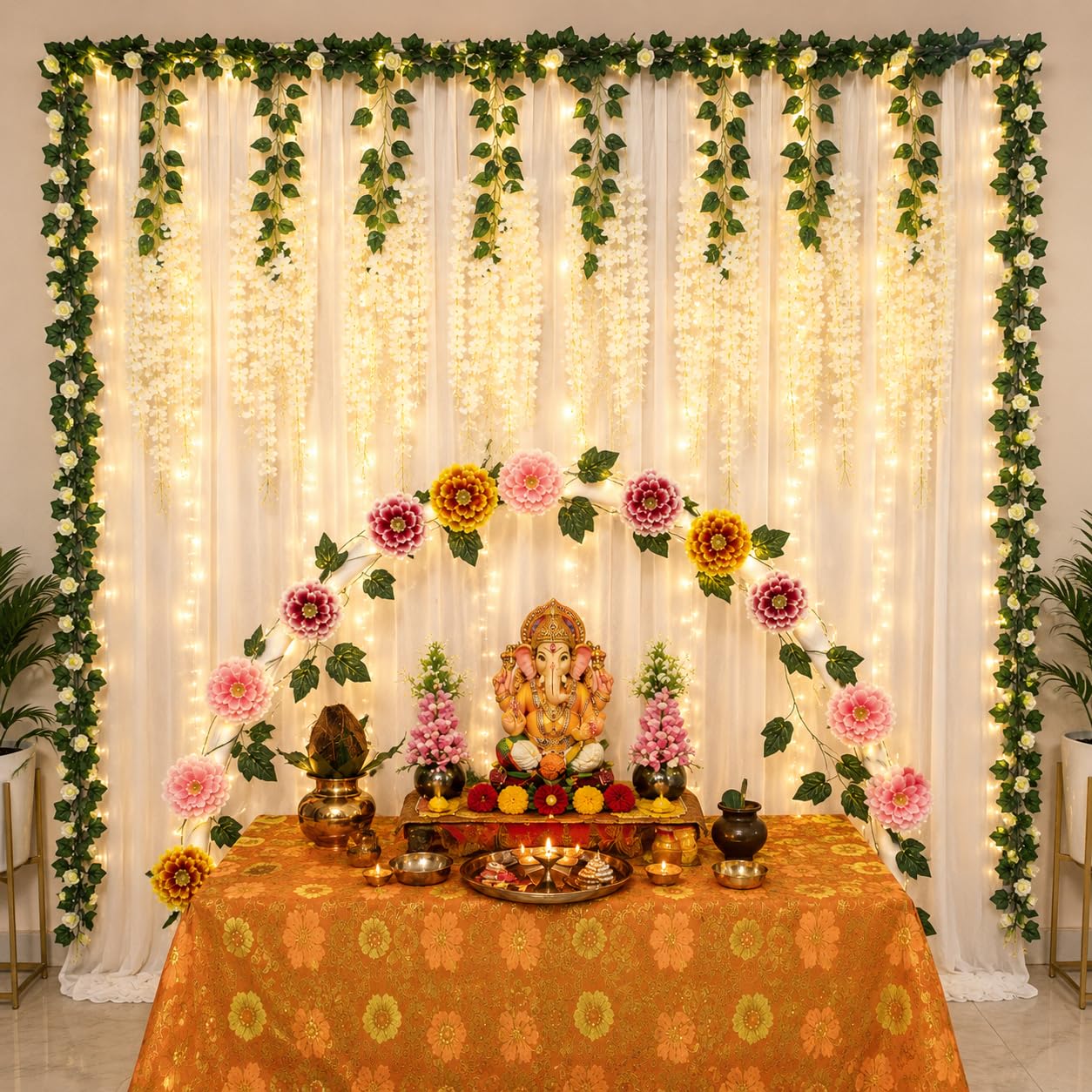 Lazybeee Complete Home Ganpati Pandal Decoration Kit with White Net Curtain Backdrops | Artificial White Silk Wisteria Vine Flowers, Green Leaf Strings | Perfect for Elevating Diwali, Haldi, Mehndi