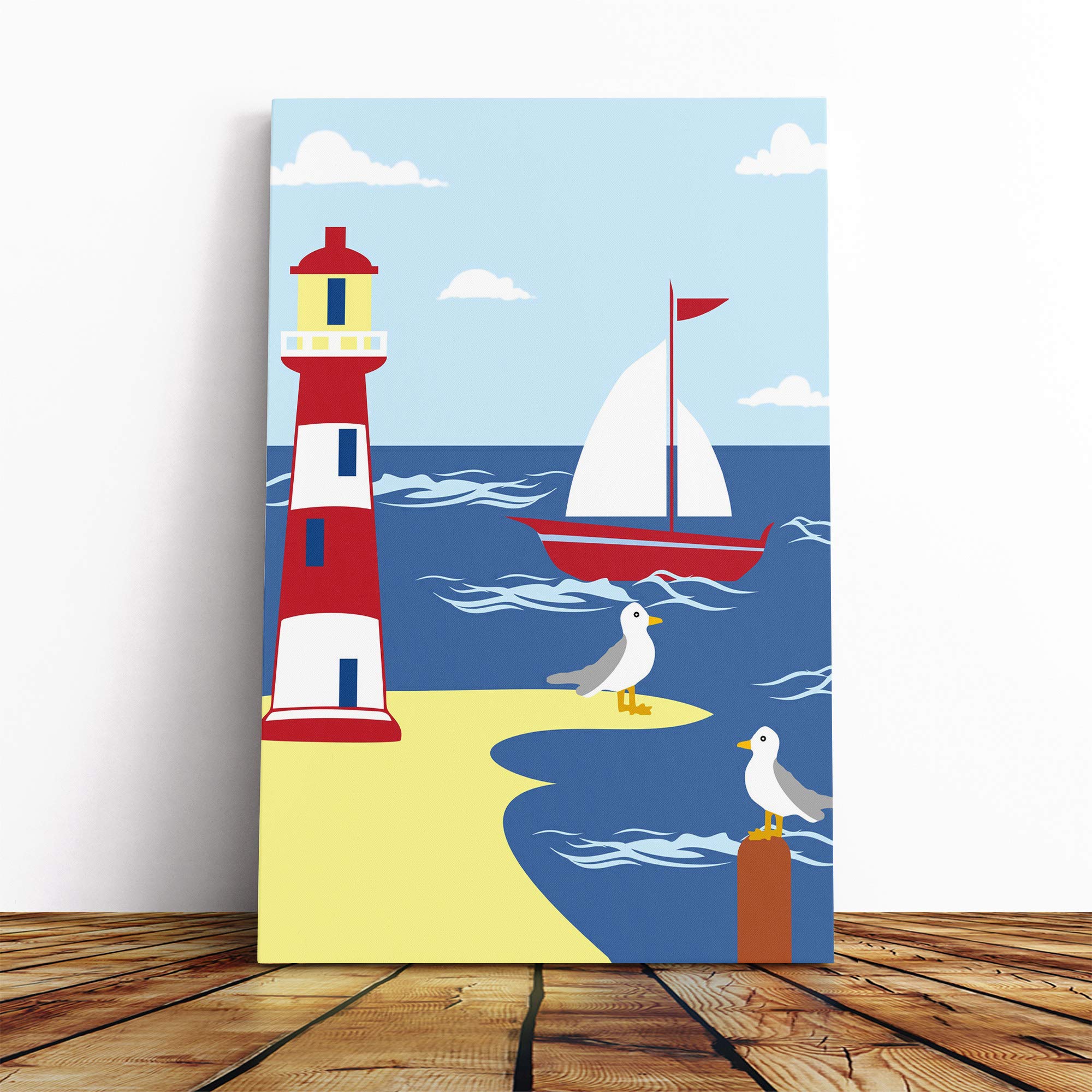 Wall Childrens Lighthouse and Sailboat Art Canvas Print | Gallery Wrapped 30mm Frame Wall Art | 30x20 inches | Ready to Hang | Coastal Seascape Picture | Living Room Bedroom Lounge Office