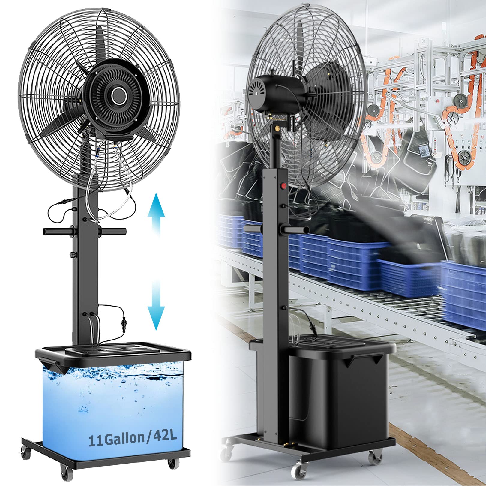 JKJZSALJ Adjustable Height Misting Pedestal Fan For Outdoor,Standing Floor Fan With 90°Oscillating,3 Speeds,11 Gallon Tank,Cooling Fan Misters For Bacckyards