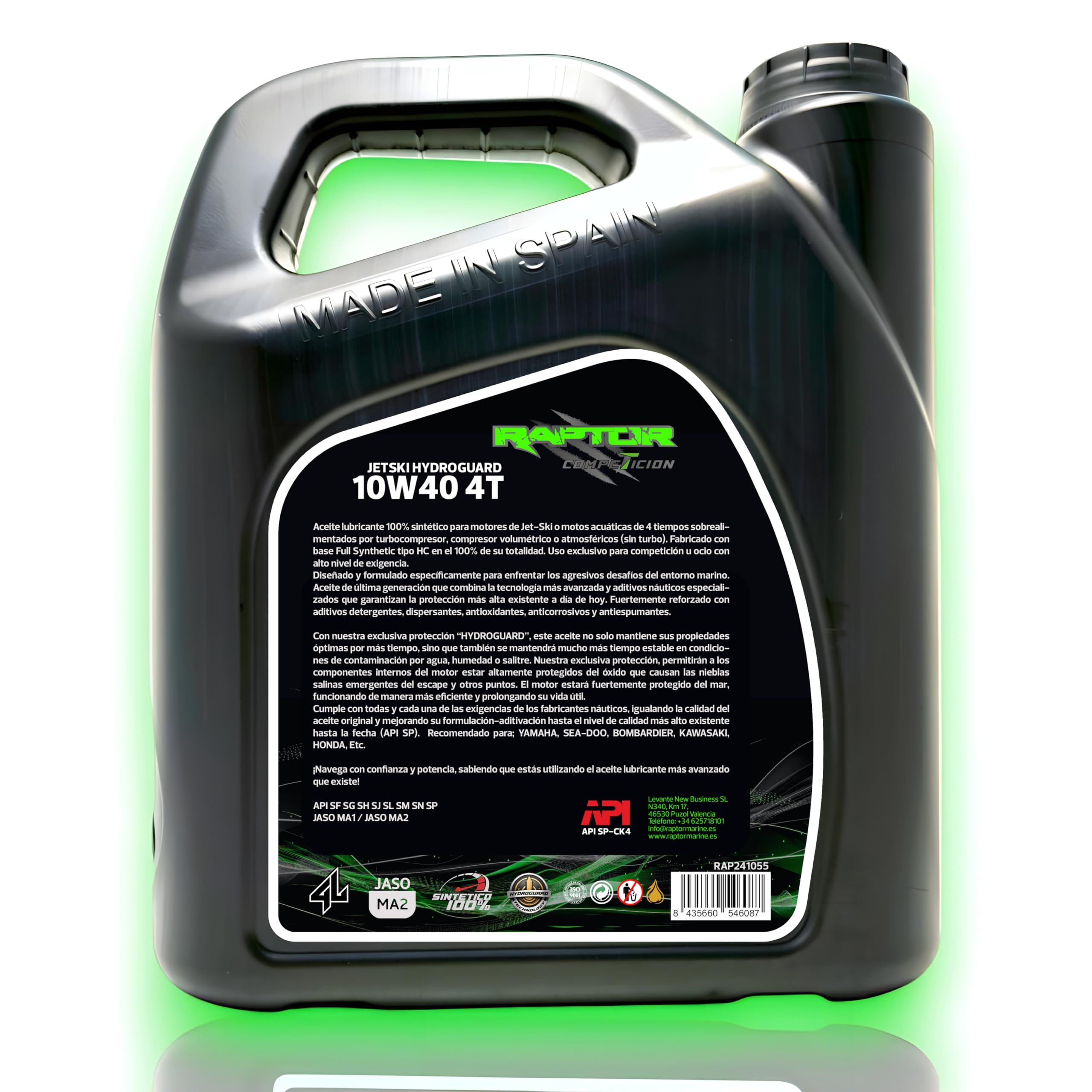 Raptor Marine - Aceite Jet Ski 10W40 100% Sintético Hydroguard | 4L | Moto de Agua PWC 4T | Alta Temperatura | Anticorrosión | API SP, JASO MA2
