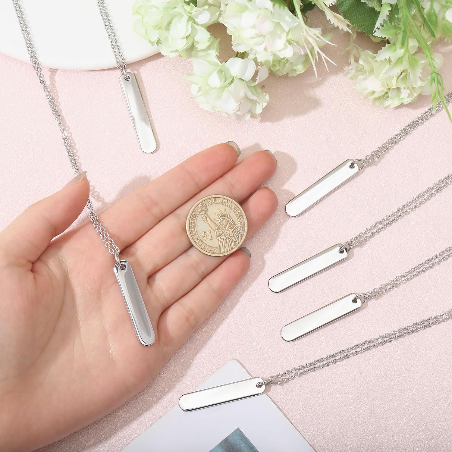 CHGCRAFT 6PCS Stainless Steel Necklace 3D Blank Bars Rectangle Bar Engraving Blanks Charm Necklace Engravable Rectangle Pendants with Chain Blank Bar Pendants for Necklace Jewelry Keychain Making - Image 3