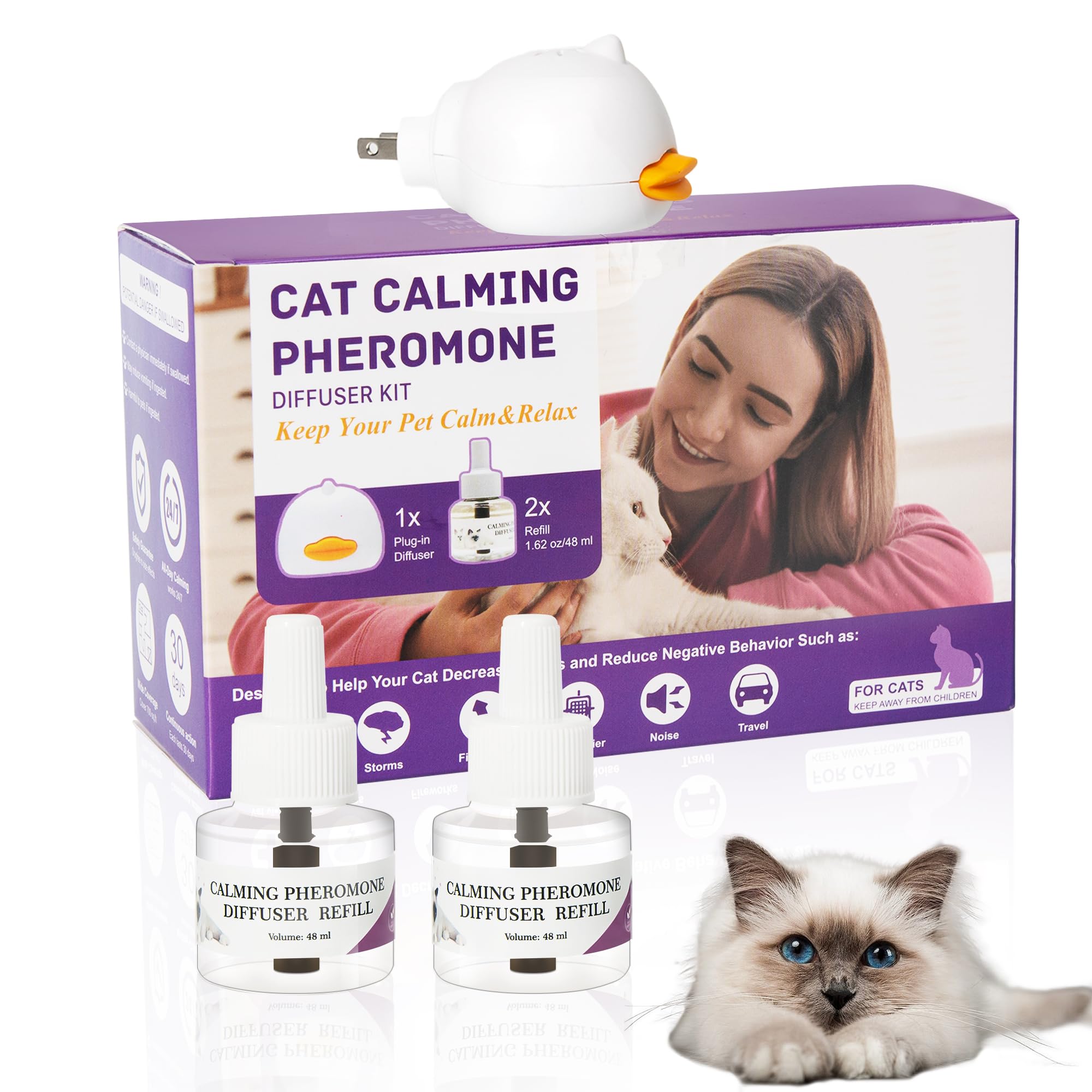 Cat Calming Diffuser Advanced Cat Pheromones Calming Diffuser, Enhanced Calming Pheromone Diffuser, 60 Day Starter Kit (48 mL*2pcs)