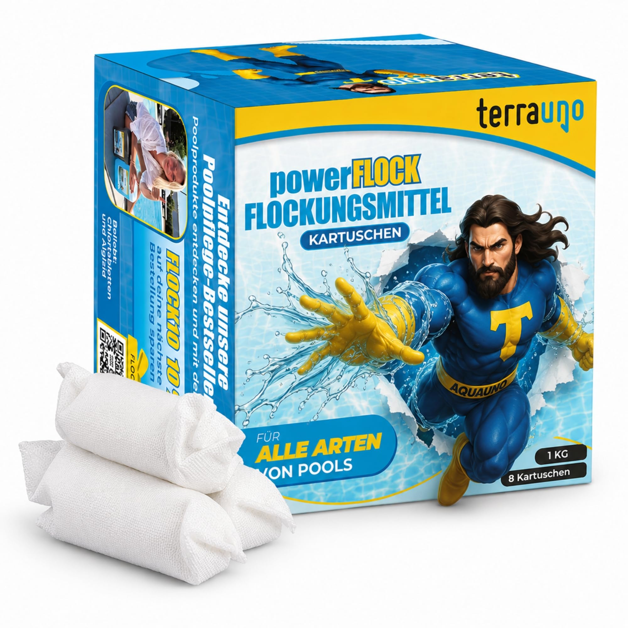 TerraUno Flockungsmittel Pool Kartuschen, 8 x 125g Flockkartusche für Sandfilter, Flockmittel Pool für kristallklares Wasser, Flockungskartuschen für Pools, Aufstellpools und Whirlpools