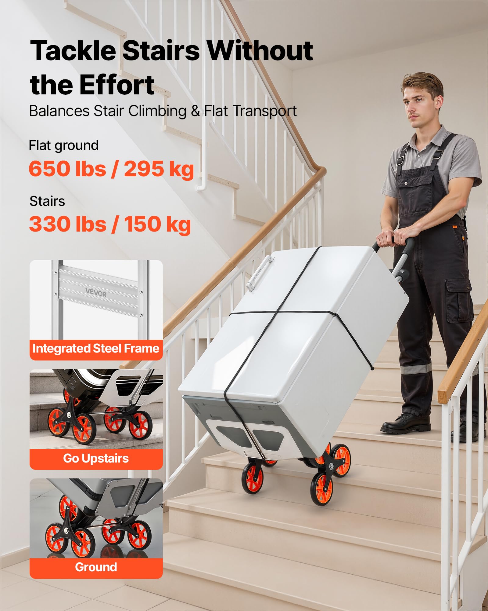 VEVOR Carrello Saliscale Capacità di Salita Scale 150 kg, Carrello Pieghevole in Lega di Alluminio con Maniglia Telescopica, 6 Ruote e 2 Corde Elastiche, per Casa, Generi Alimentari, Magazzino