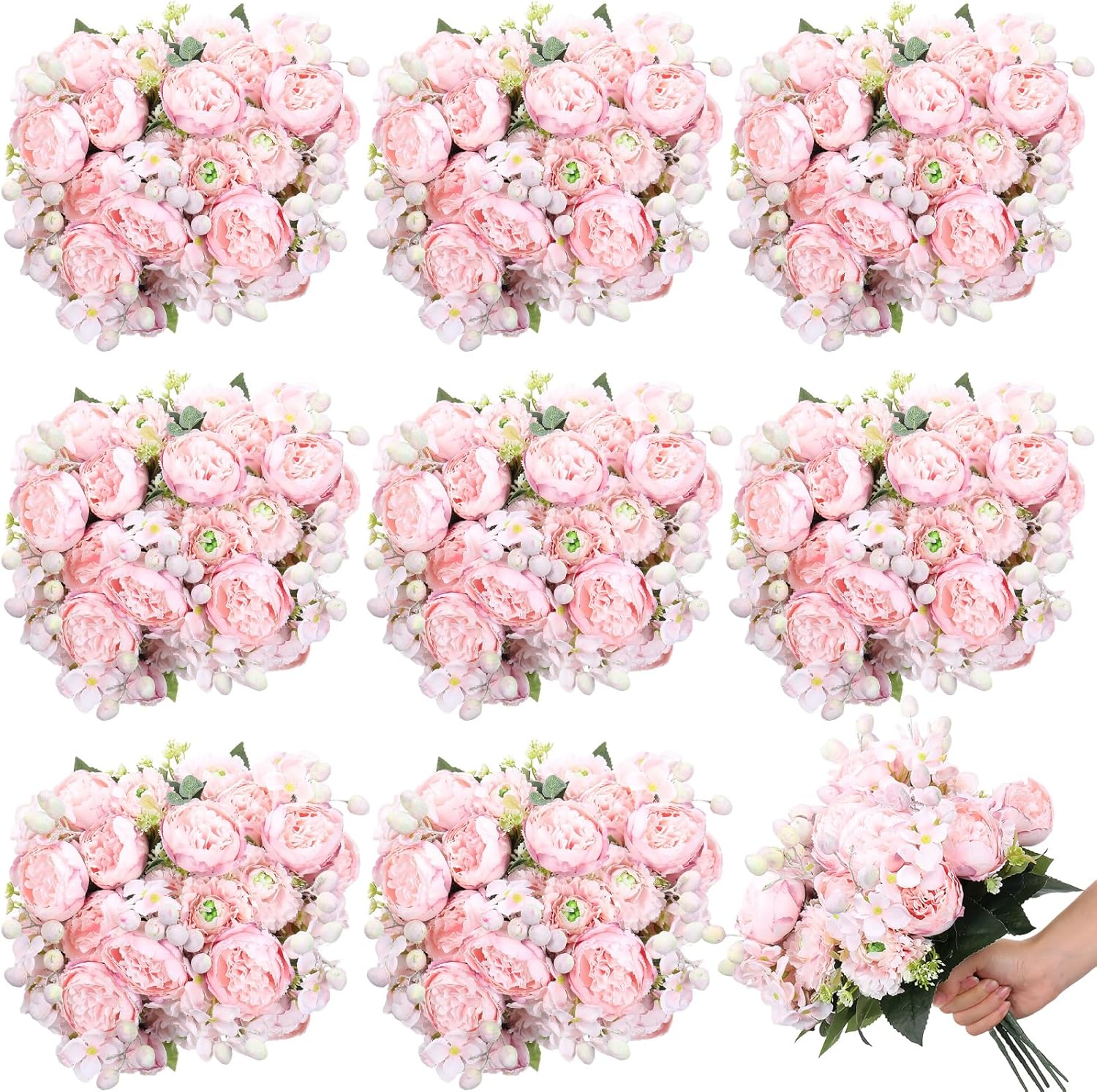 Crowye 16 Bundles Artificial Peony Silk Flower Hydrangea Fake Peony Bouquet Elegant Faux Flowers with Stems for Wedding Table Centerpiece Party Home DIY Decoration(Light Pink)