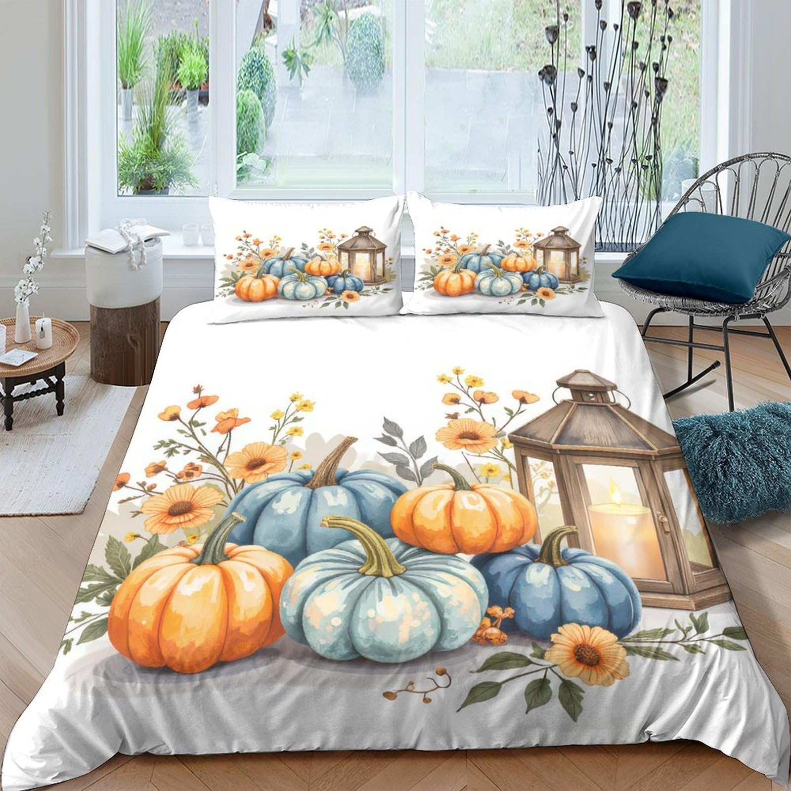 TUFRTGYHN 3D Printed Pumpkin Lantern Duvet Cover Microfiber Autumn Floral Bedding Set with 2 Pillowcases for Bedroom Decor Single（135x200cm）