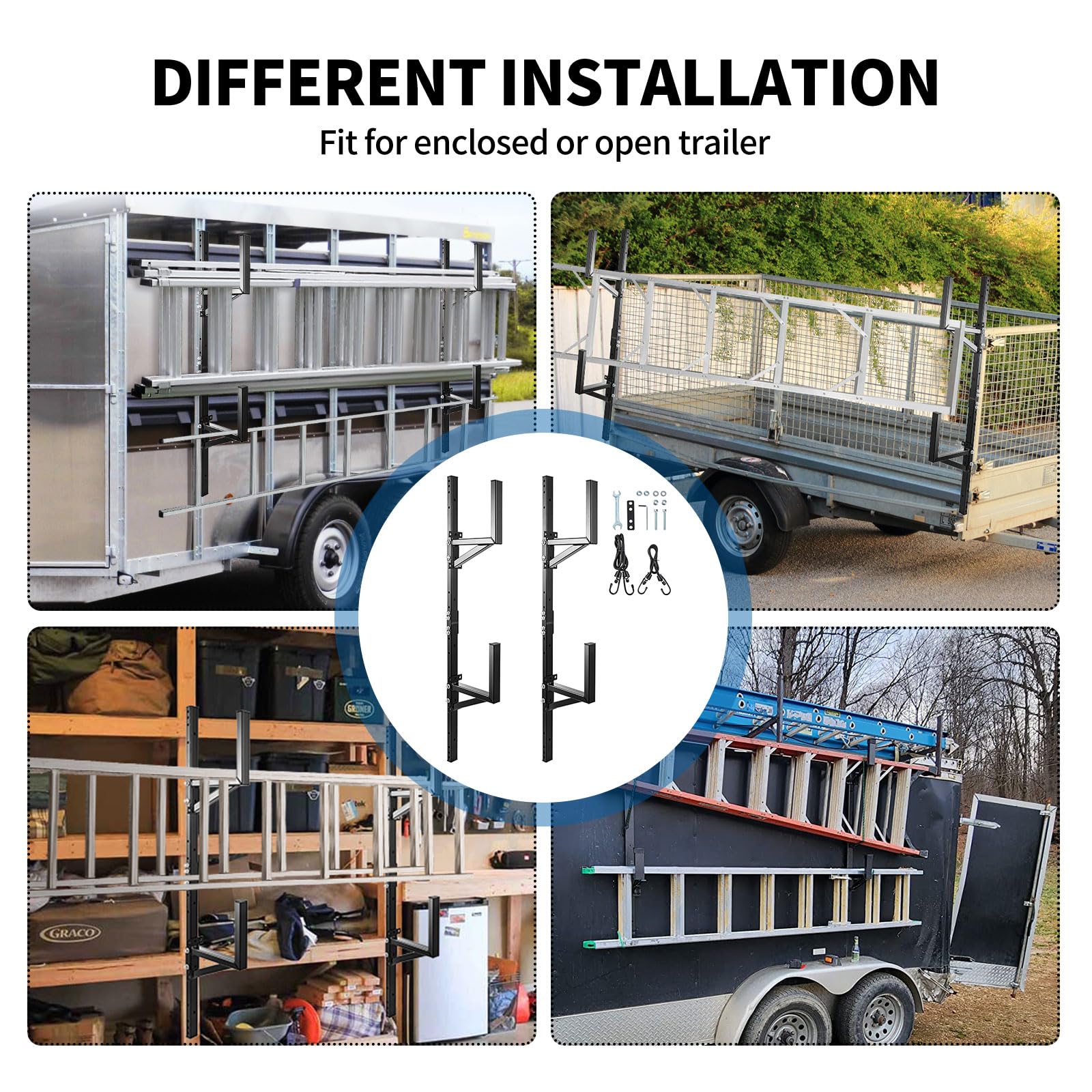 Adjustable Aluminum Ladder Rack For Enclosed & Open Trailers - 800 Lb Capacity, Fits 4' To 8.5' Wide Trailers, 22" To 26-3/8" Height