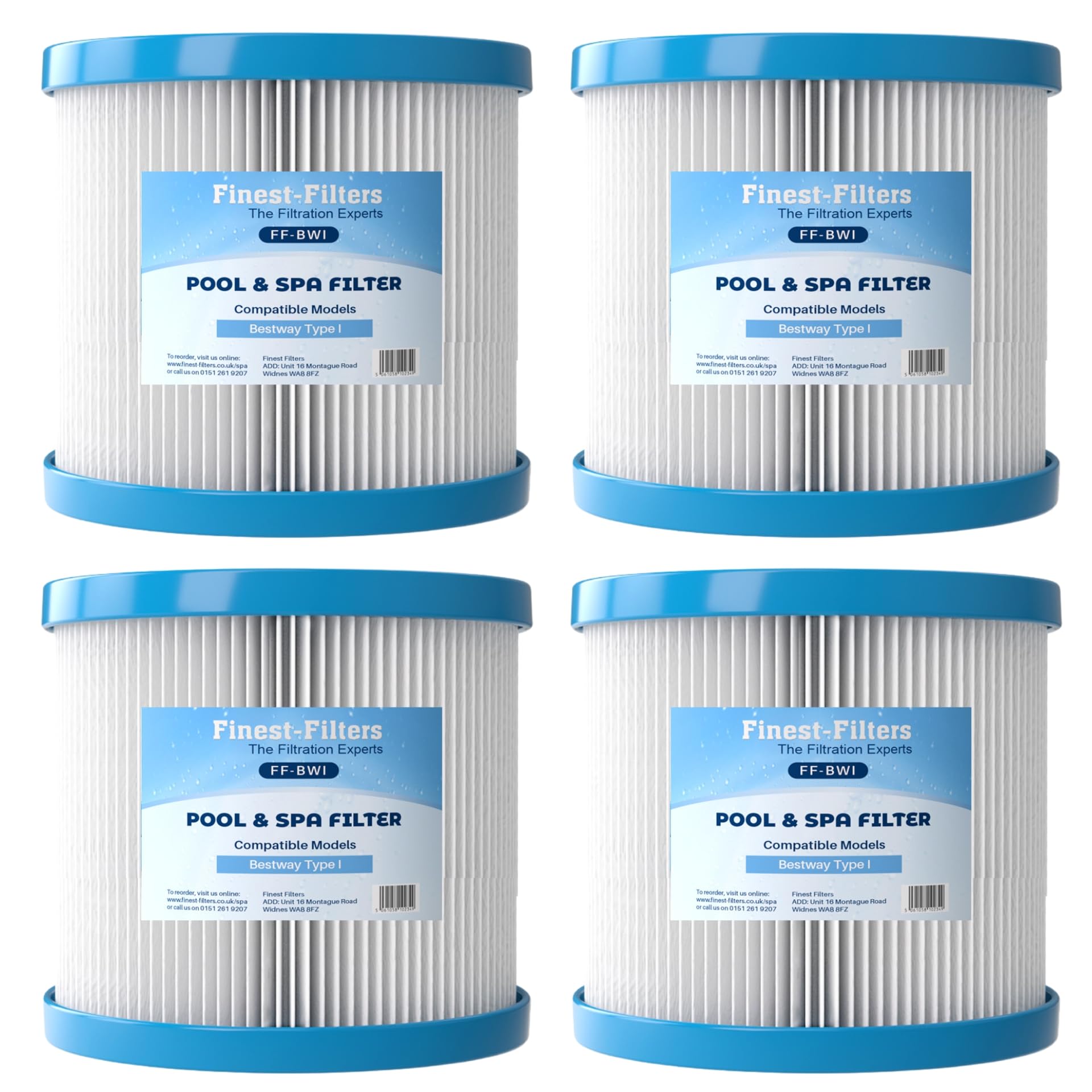 Finest-Filters Compatible With Bestway Type I Size 1 Filter Cartridge, Bestway Hot Tub Spa and Swimming Pool 58093-17 Filter, Pool Spa Cleaning Filter Type 1 (Pack of 4)