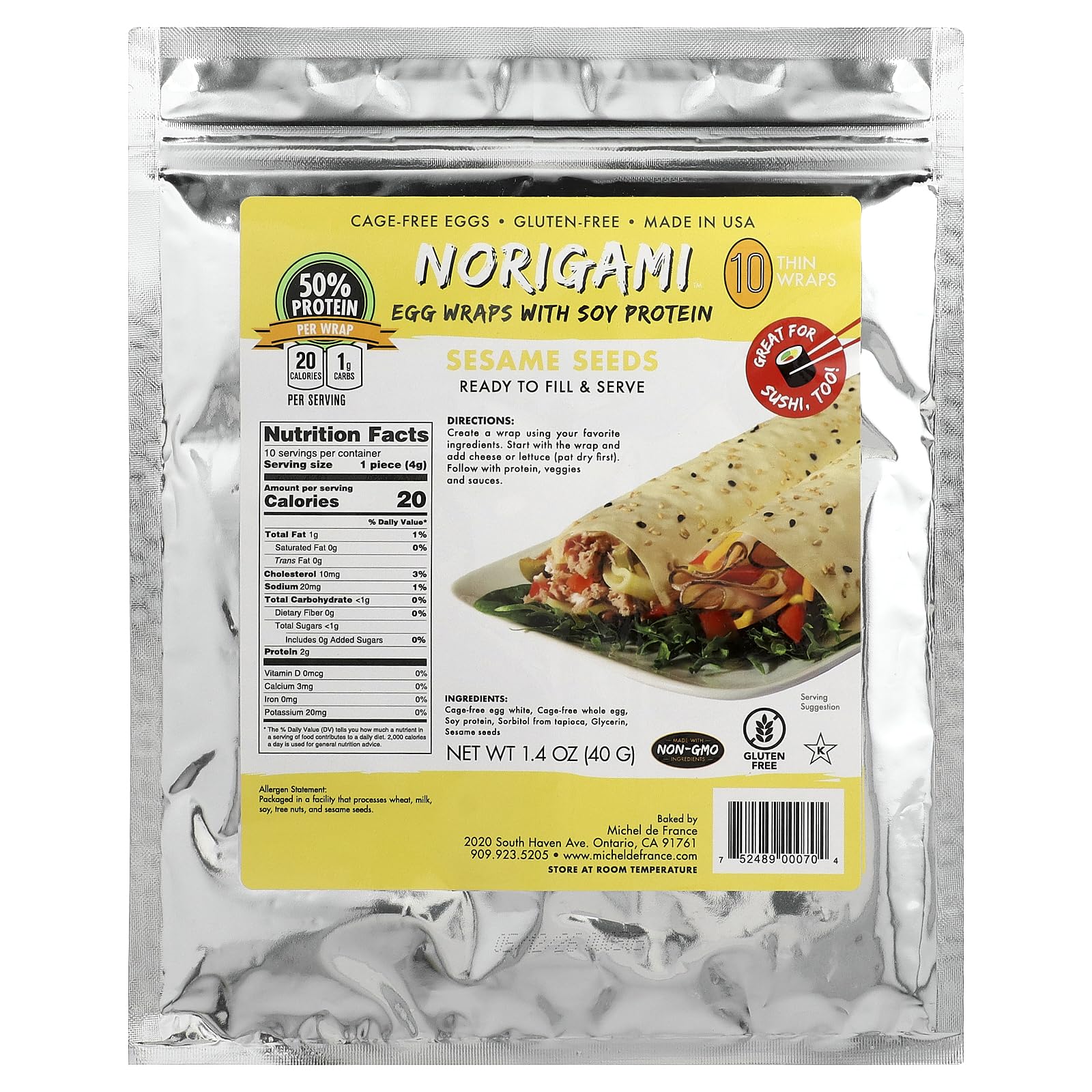 Norigami Egg Wraps with Soy Protein – Sesame Seeds. High Protein, Low Carb, Vegetarian. Thin Healthy Wraps -Certified Kosher, Non-GMO, Gluten Free - NOW Featuring 10 Wraps in a bag.