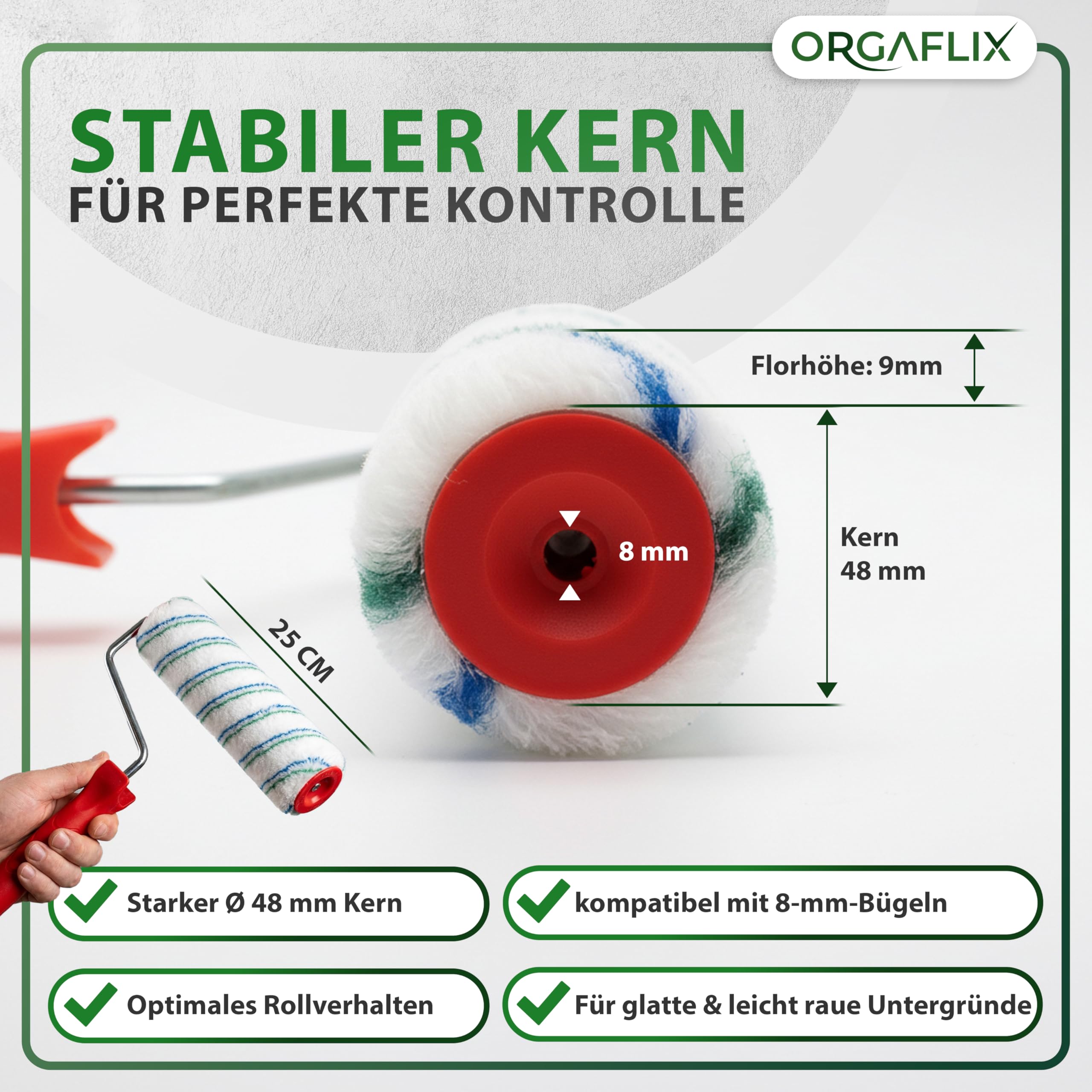 ORGAFLIX Rodillo de pintura profesional de 25 cm, 2 unidades, ideal para absorción y dispensación de color, altura de pelo aprox. 9 mm, núcleo de 48 mm, rodillo de pintura para pared, rodillo grande,