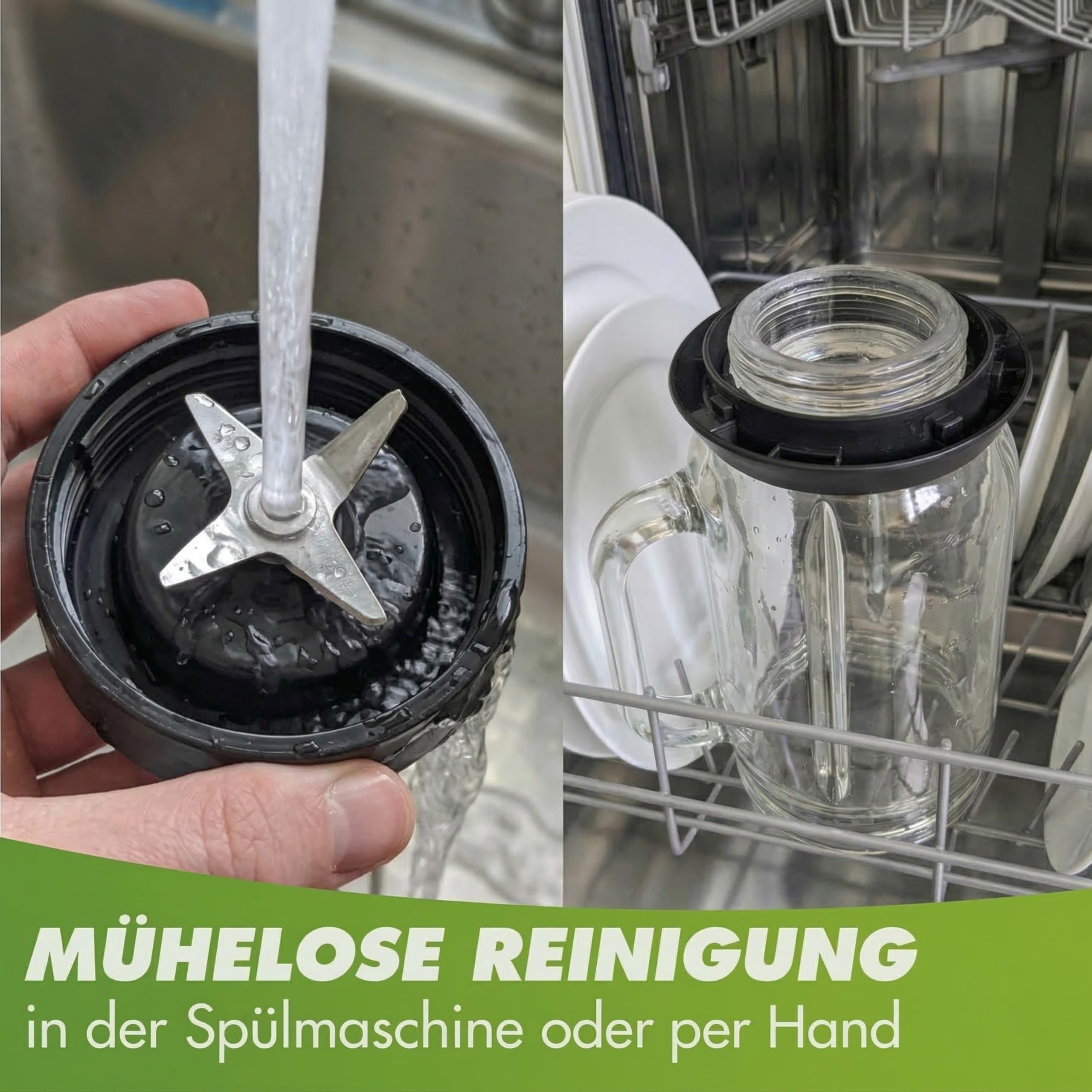 NUTRI-BLENDER GLAS mikser stojący o wysokiej wydajności, 1300 W, mikser do smoothie, profesjonalny blender, szklany pojemnik 1,75 l, obudowa ze stali nierdzewnej, 4 ostrza, nie zawiera BPA, cichy