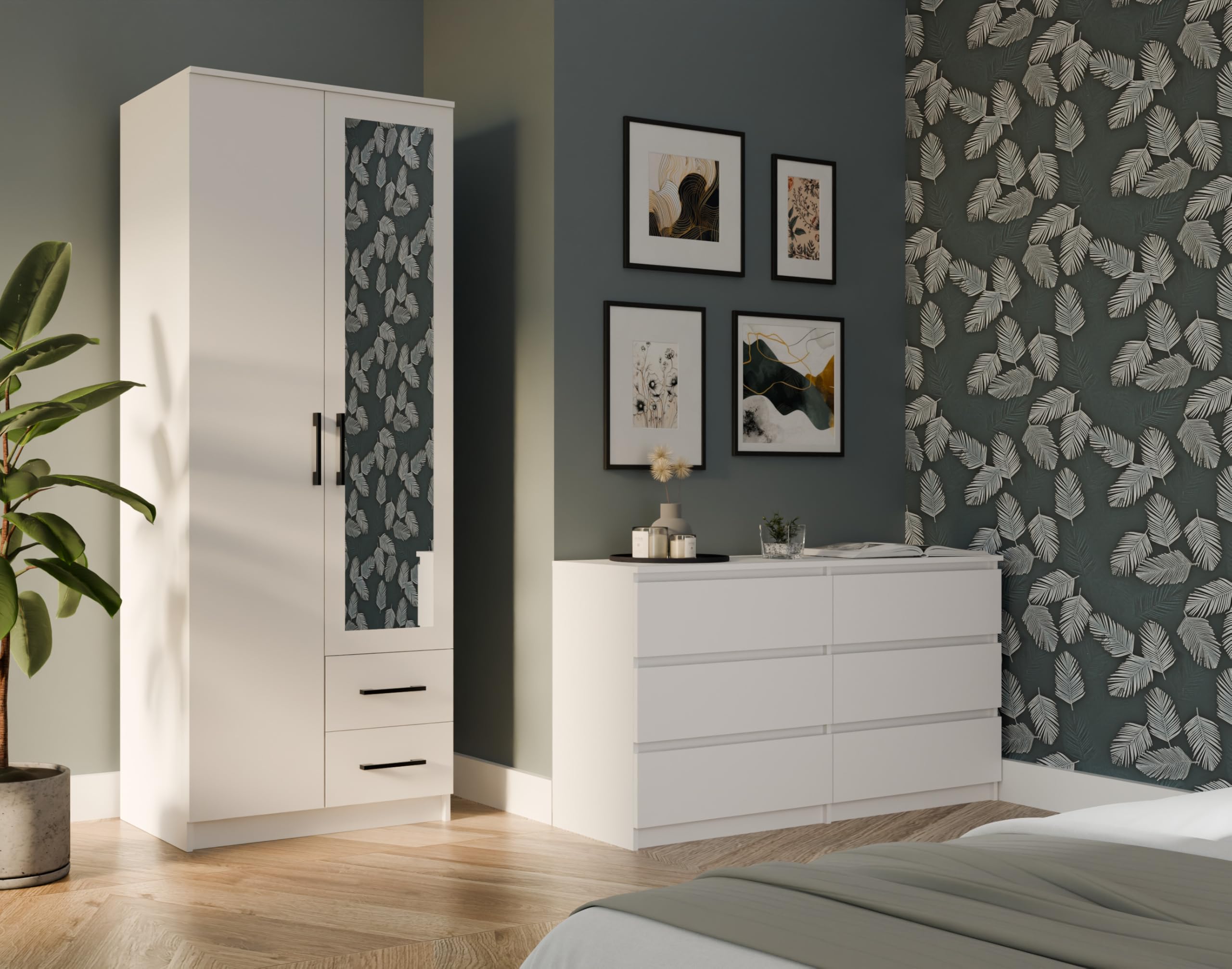 Armadio Salvaspazio 80x205 cm, 2 Ante con Specchio a Destra e 2 Cassetti, Guardaroba Moderno con Appendiabiti e 4 Ripiani, Mobile Camera da Letto e Ufficio, Design Minimal, Bianco Opaco AT16