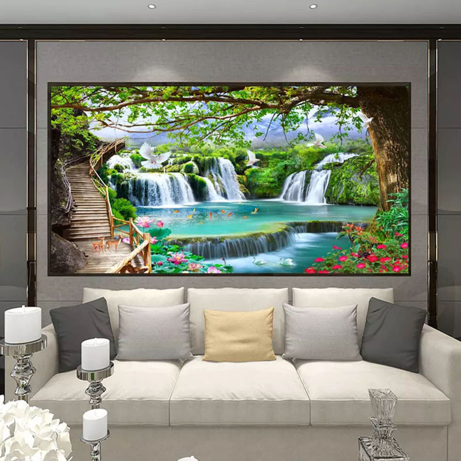 Verde Grande Albero Cascata Natura Paesaggio Pittura Murale Personalizzata Foto 3D Carta Da Parati Per Soggiorno Tv Sfondo Murale 250Cm(W)×175Cm(H)