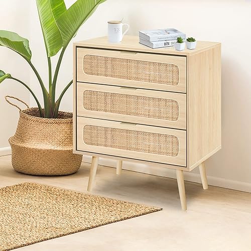 Miniatura 31 de RARZOE 2 juegos de mesitas de noche de ratán, cómoda de 3 cajones, armario de almacenamiento de madera, unidad organizadora para dormitorio, sala de