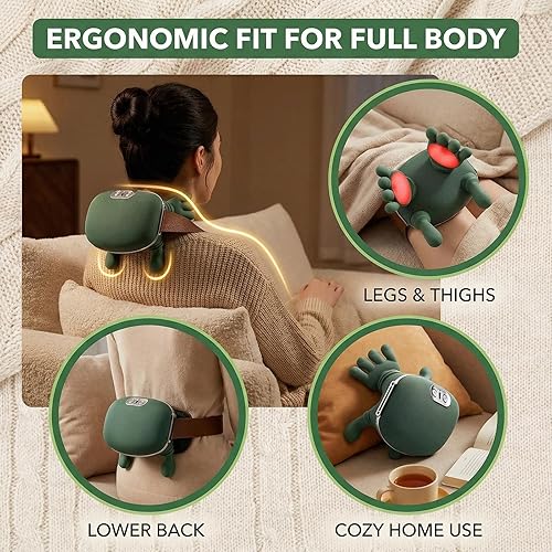 Miniatura 3 de Shiatsu Masajeador de cuello y espalda con calefacción, herramienta inalámbrica de relajación de amasamiento profundo, diseño ergonómico verde para
