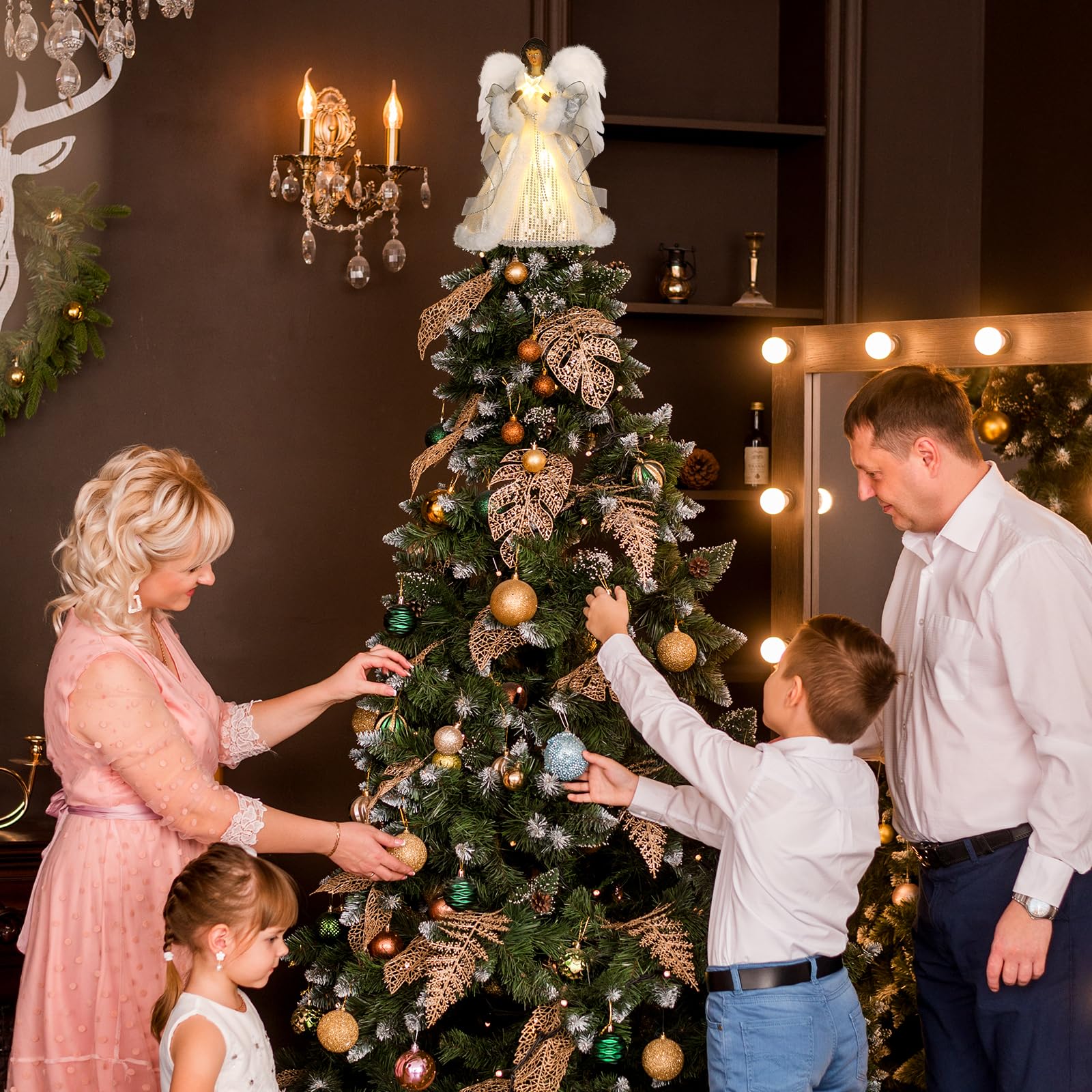 Schwarzer Engel Weihnachtsbaumspitze mit Timer-Lichtern, 31 cm, beleuchtete Weihnachtsbaumspitze mit weißen Federflügeln und Sternenlicht, Weihnachtsbaum-Engelspitze, Urlaubsdekoration