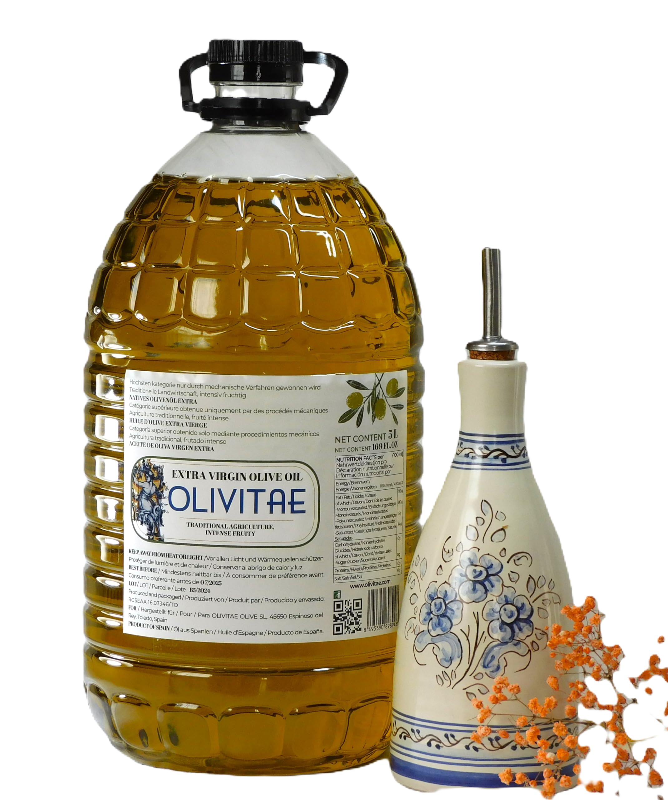 OLIVITAE. Aceite de Oliva Virgen Extra 5L de Toledo, España y Aceitera de Artesanía Cerámica. Rico en Polifenoles, prensado en frío.
