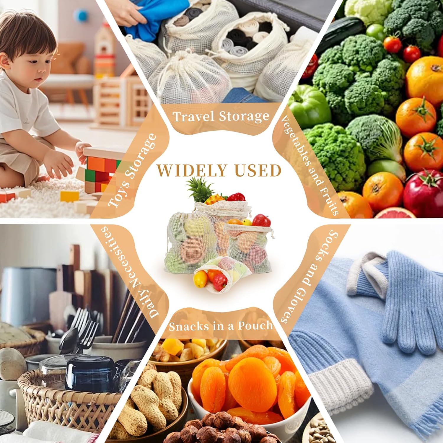 CEYAZYE 16 Pack Reusable Produce Bags, Mesh Vegetable Grocery Bag Washable, 100% Cotton Drawstring Net Storage Bags for Refrigerator, Shopping, Veggies and Fruits, Beach, Transporting, (4 Size) - Image 7