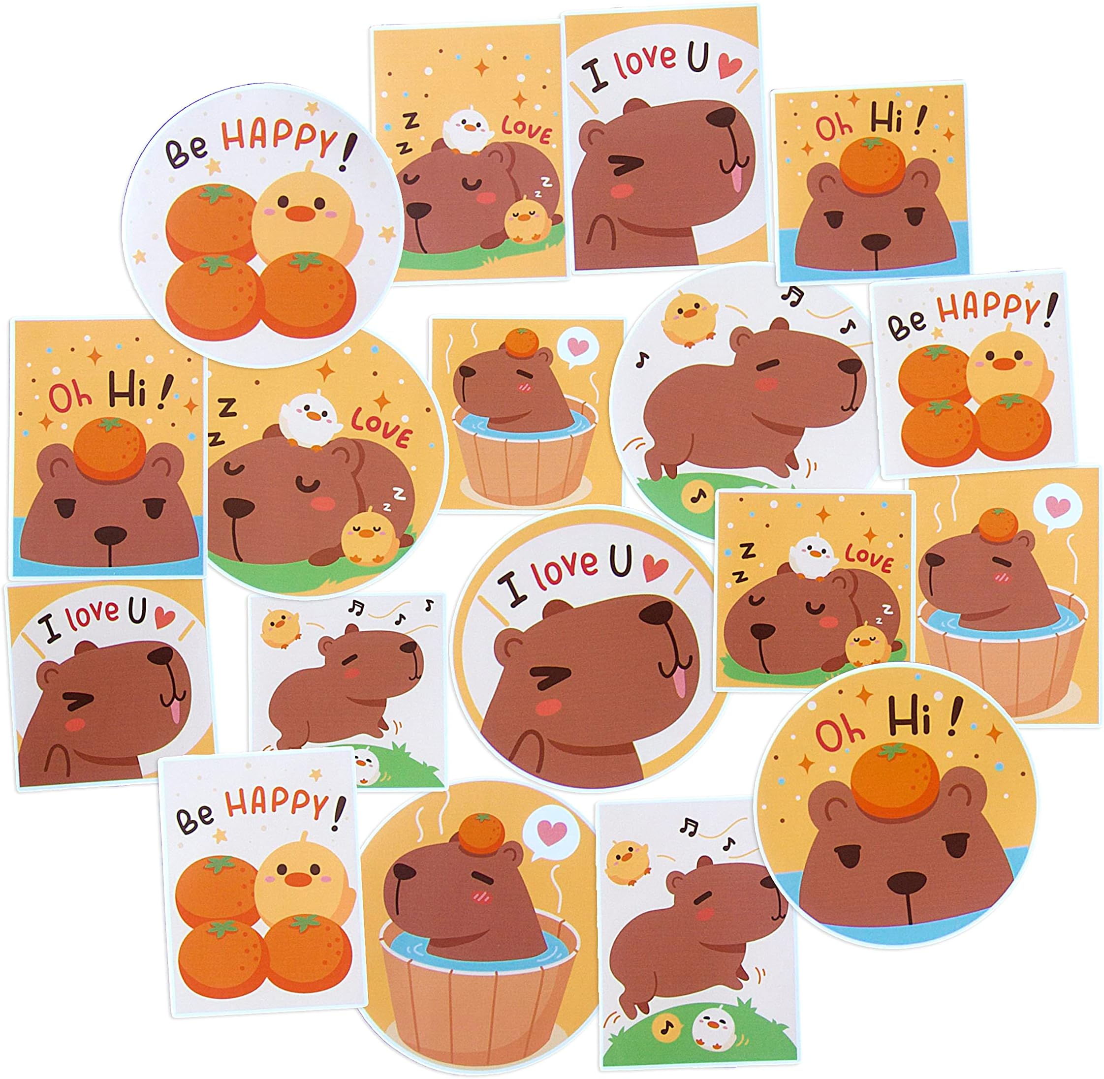 Navy Peony Happy Capybara Sticker Set (18-Pack) - Waterproof, Durable, Animal Themed | Square, Vertical Stickers for Planners | Big, Round Decals for Laptops, Water Bottles