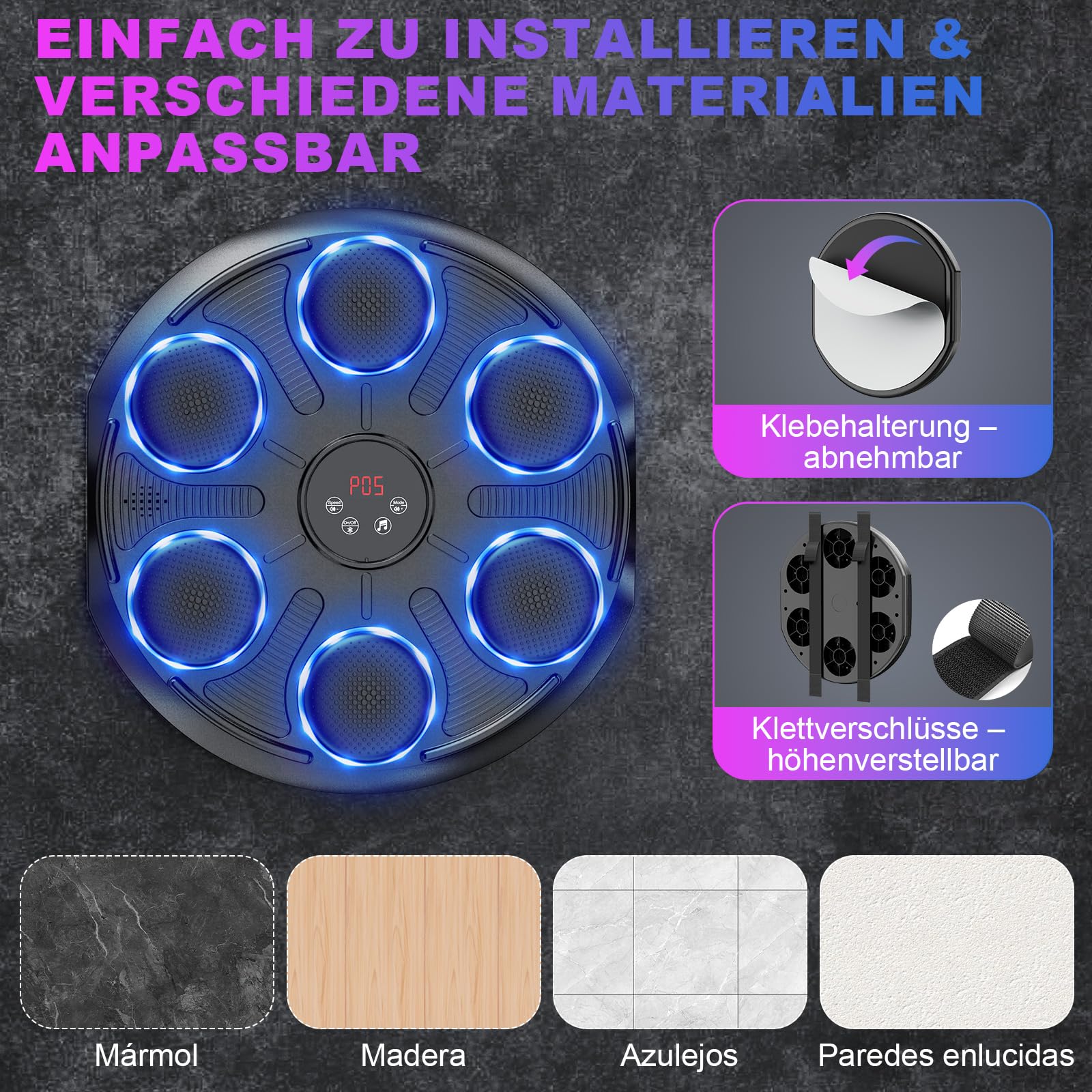 Music Boxing Machine mit 12 Geschwindigkeiten & Modi, 1 Paar Boxhandschuhe, Bluetooth, LED-Lichter, Zählmodus, Elektronische Boxmaschine für Erwachsene und Kinder Zuhause, Home Fitness