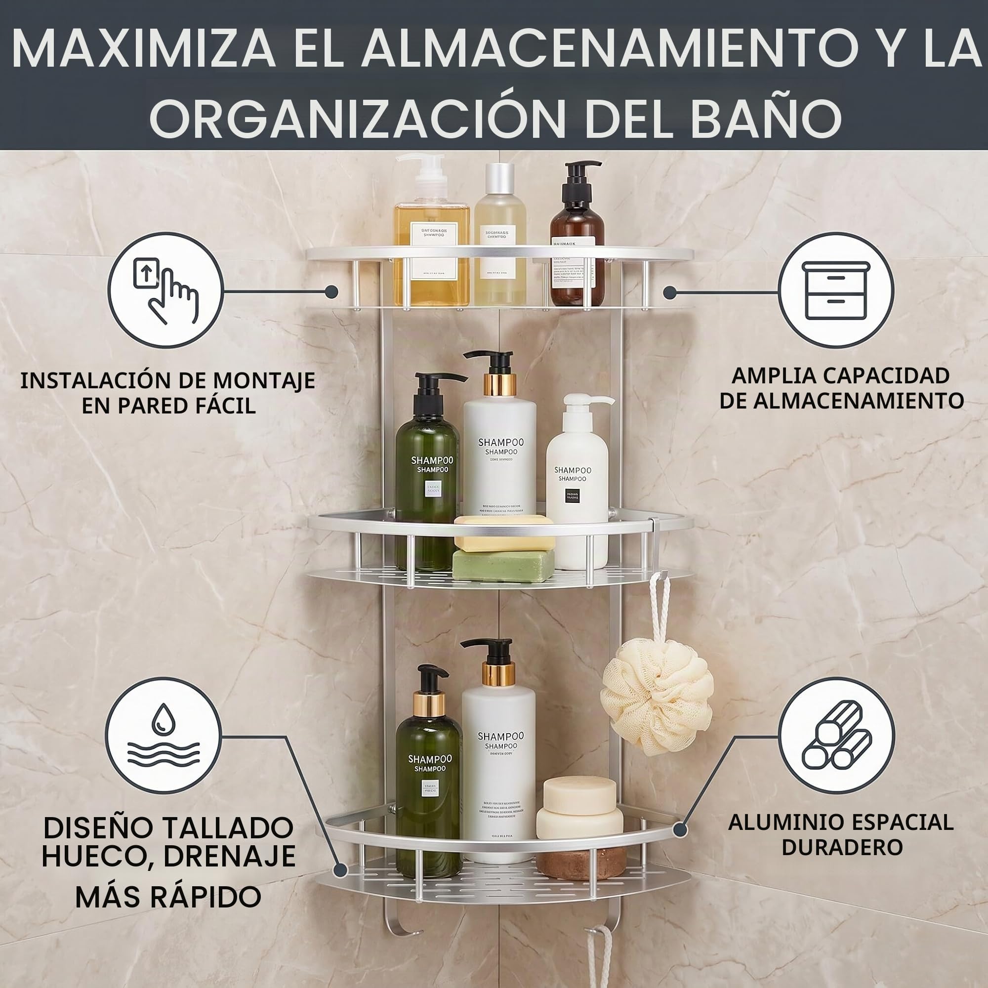 Marhynchus Estante Esquinero para Ducha de 3 Niveles, Organizador Espacial de Aluminio para Ducha, Estante Esquinero para Baño Montado en la Pared, Estante de Almacenamiento con Diseño de