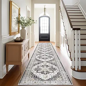 Madane Hallway Runner Rug 2x12, Extra Long Washable Runner Rugs with Rubber Backing, Non Slip Carpet Runner, Vintage Rug Runners for Kitchen Laundry Room Entryway (Black, 2'x12')