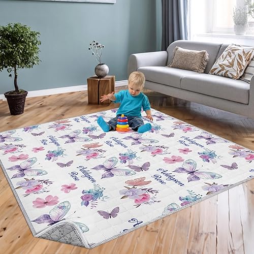 Miniatura 2 de Tapete de juego para bebé con nombre personalizado, tapetes de juego suaves para piso, tapete de juego plegable impermeable con mariposa morada para