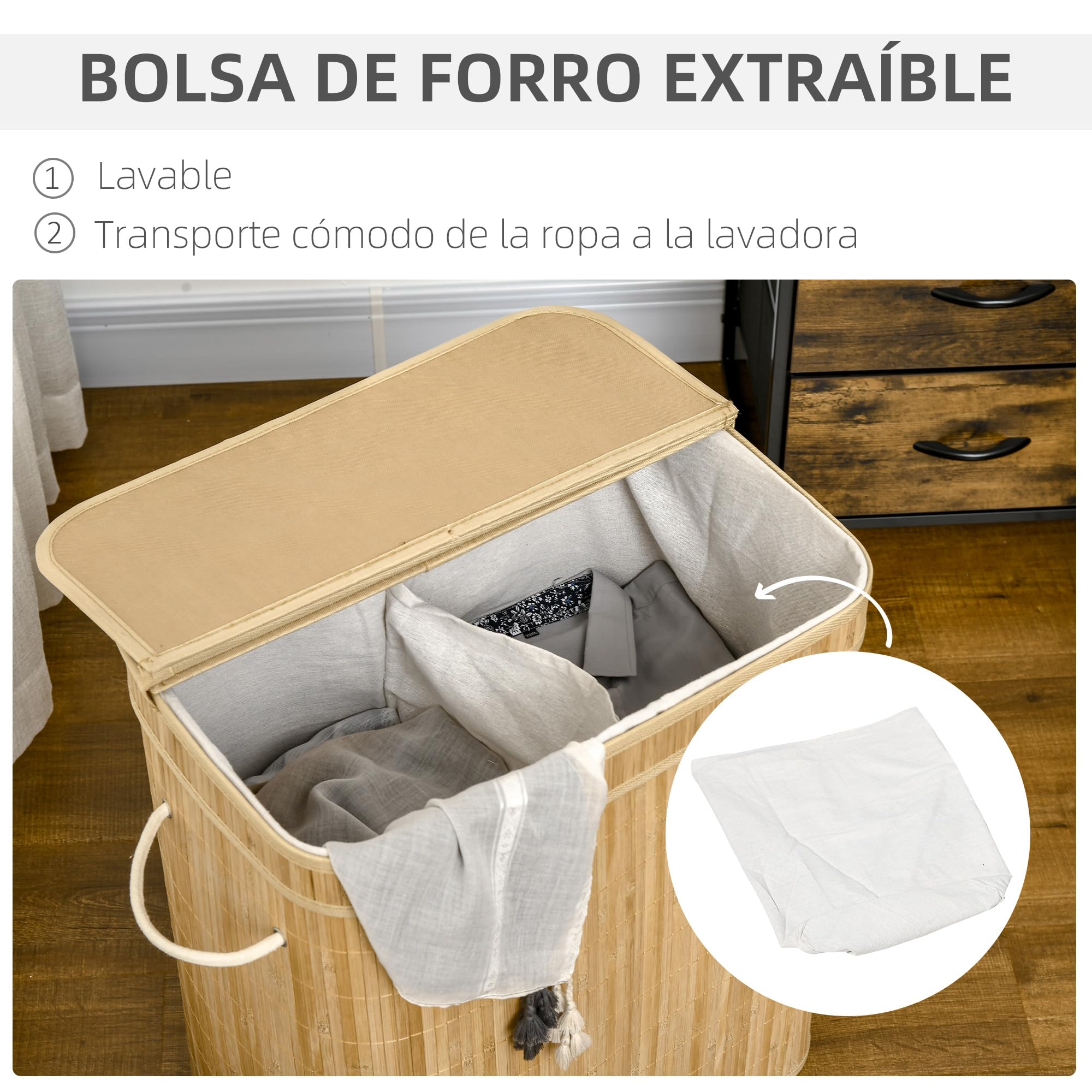 HOMCOM Cesto de Ropa Sucia con Tapa, 90L, Cesta Ropa Sucia de Bambú con 2 Compartimentos, Bolsa Interior Extraíble y Lavable, Asas, para Lavandería, Dormitorio, 54,2x35,2x59,5 cm, Natural